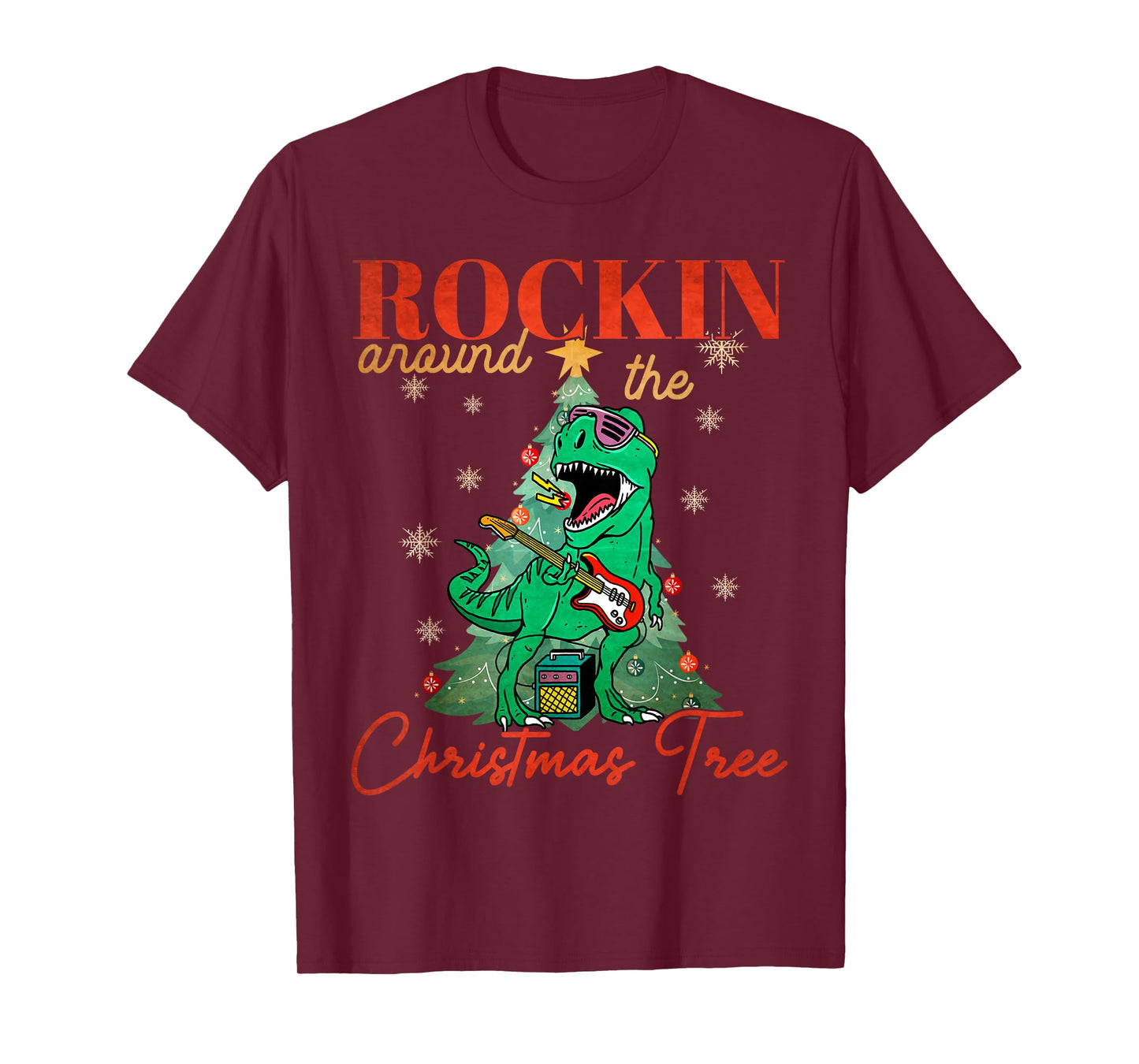 Rocking Around The Christmas Tree T-rex Rock and Roll Guitar T-Shirt