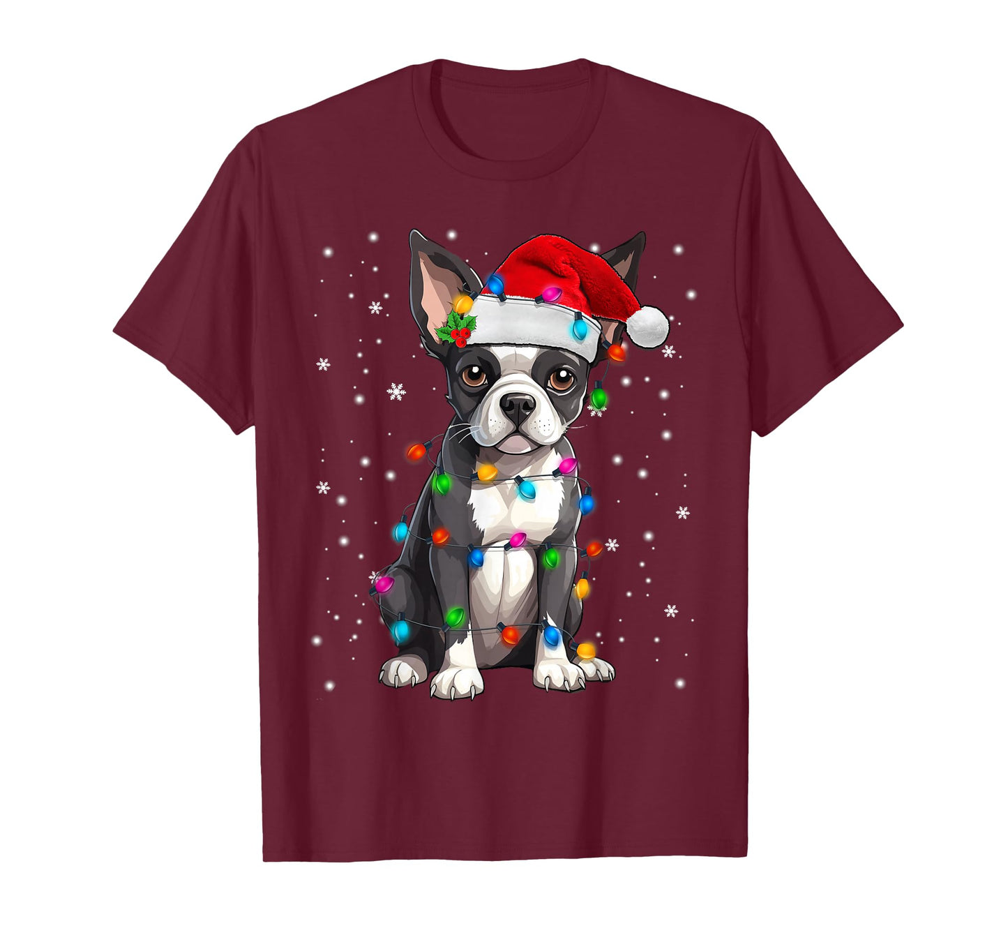 Boston Terrier Christmas Santa Hat Tree Lights Pajama T-Shirt