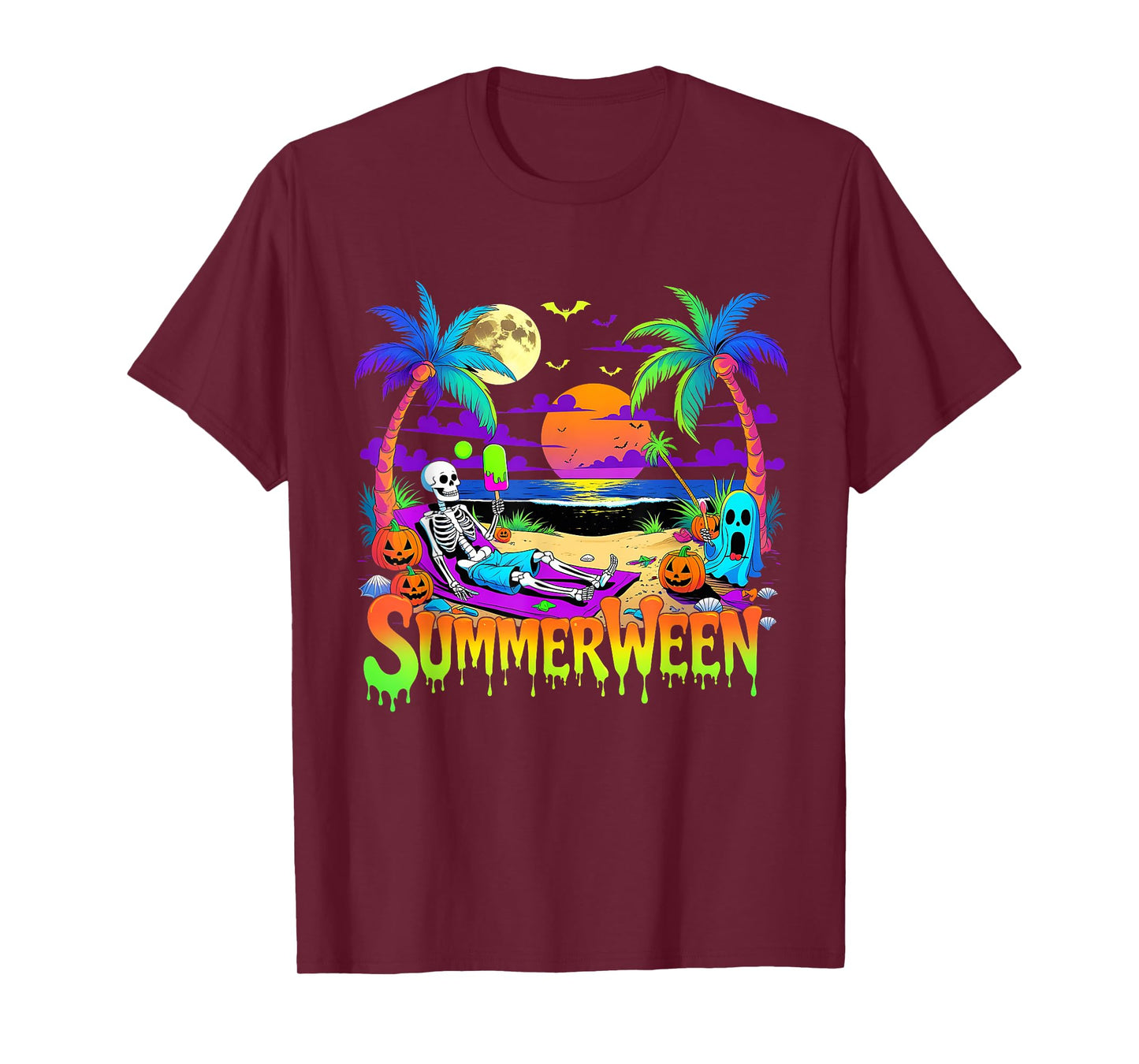 Summerween Skeleton Ghost Beach Funny Spooky Halloween T-Shirt
