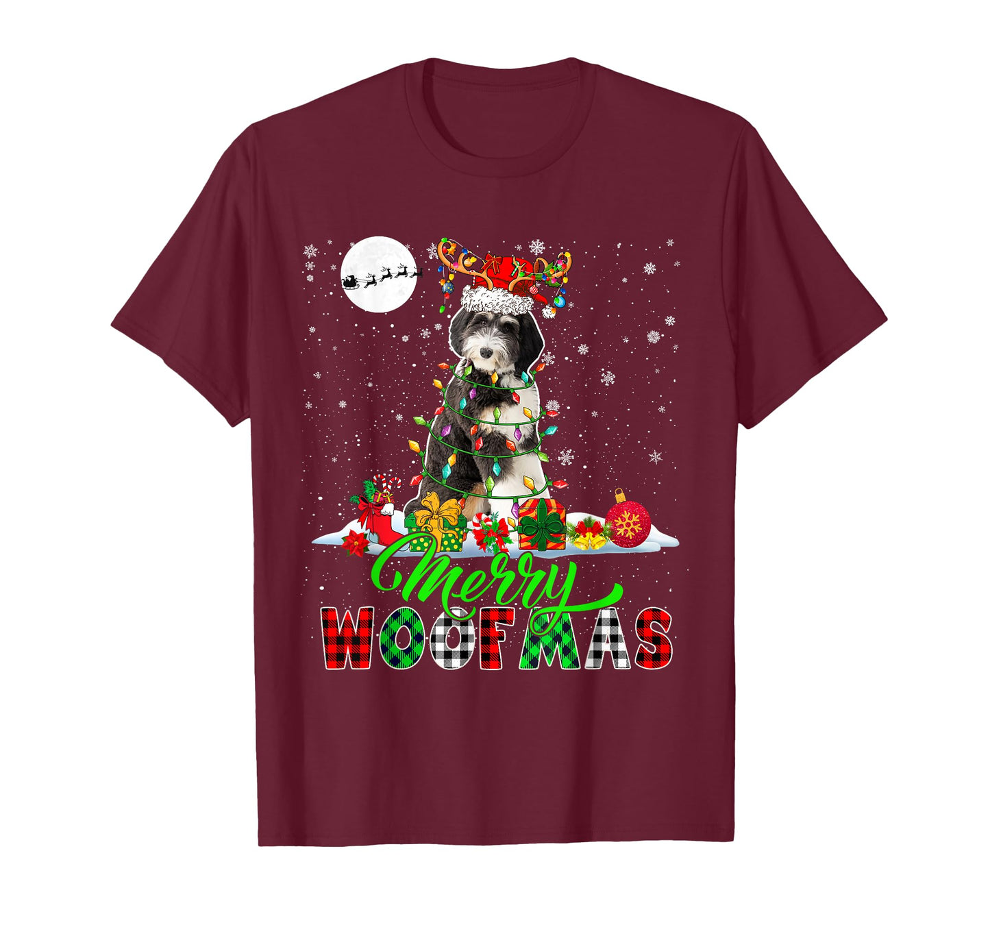 Merry Christmas Funny Woof Xmas Santa Reindeer Bernedoodle T-Shirt