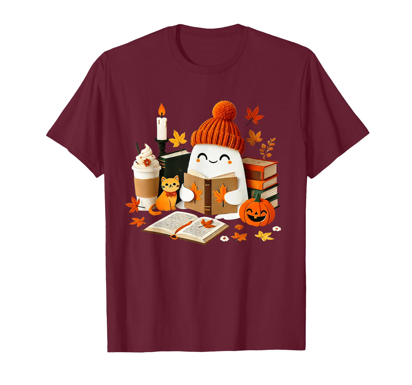Cute Ghost Cat Reading Book Lovers Halloween Women Girls T-Shirt