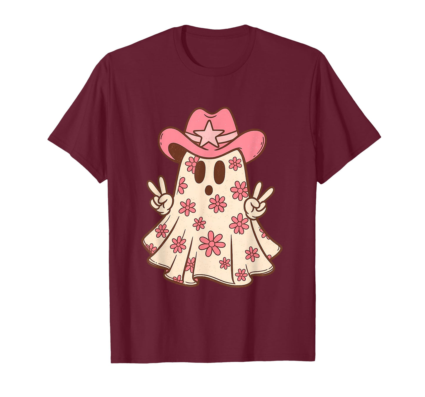 Pink Ghost in Cowboy Hat with Sunflowers Western Halloween T-Shirt