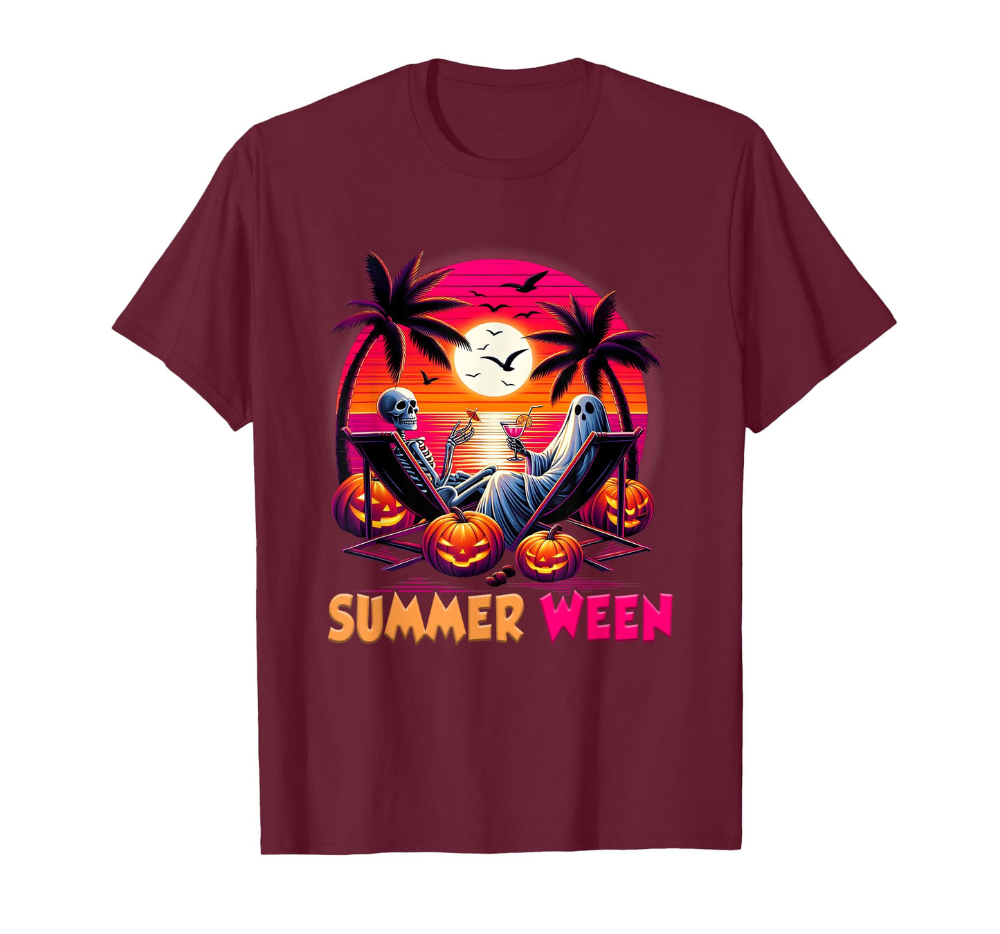 Skeleton Summer-ween Beach Halloween Vibe Sunset Party T-Shirt