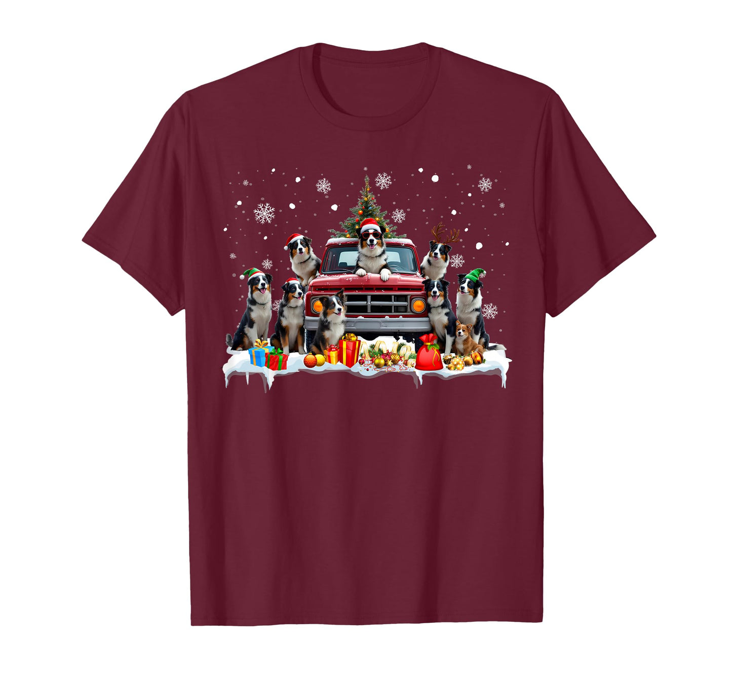 Border Collie Dog Red Truck Christmas Tree Santa Ugly Xmas T-Shirt