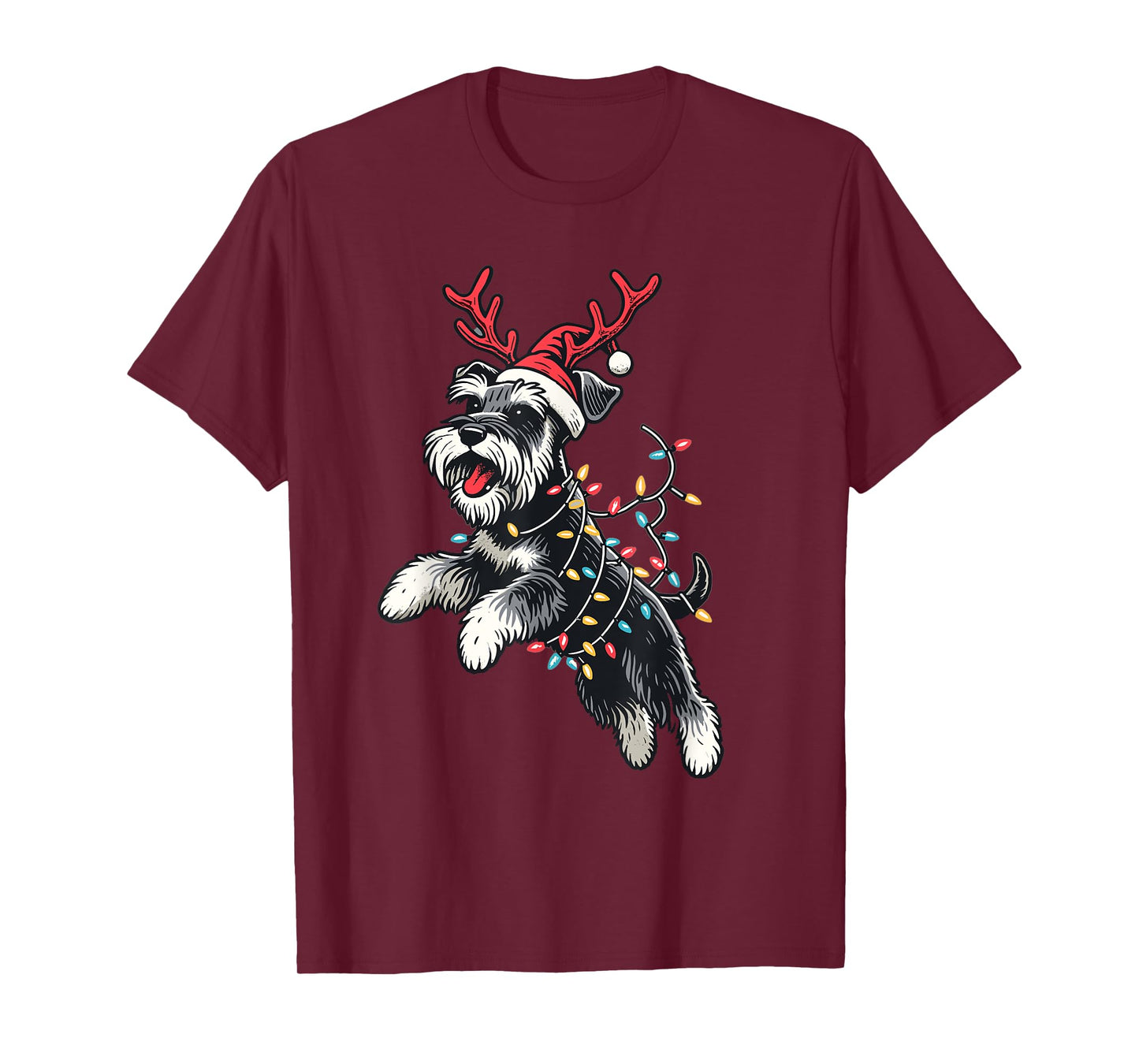 Miniature Schnauzer Dog Santa Hat Christmas Lights Pajama T-Shirt for Men Women Kids