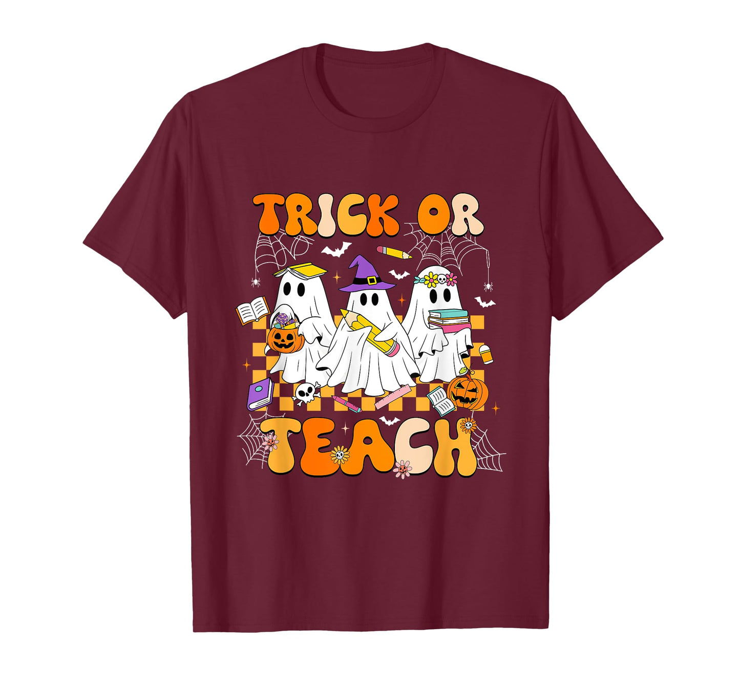 Trick Or Teach Groovy Teacher Halloween Floral Ghost Women T-Shirt