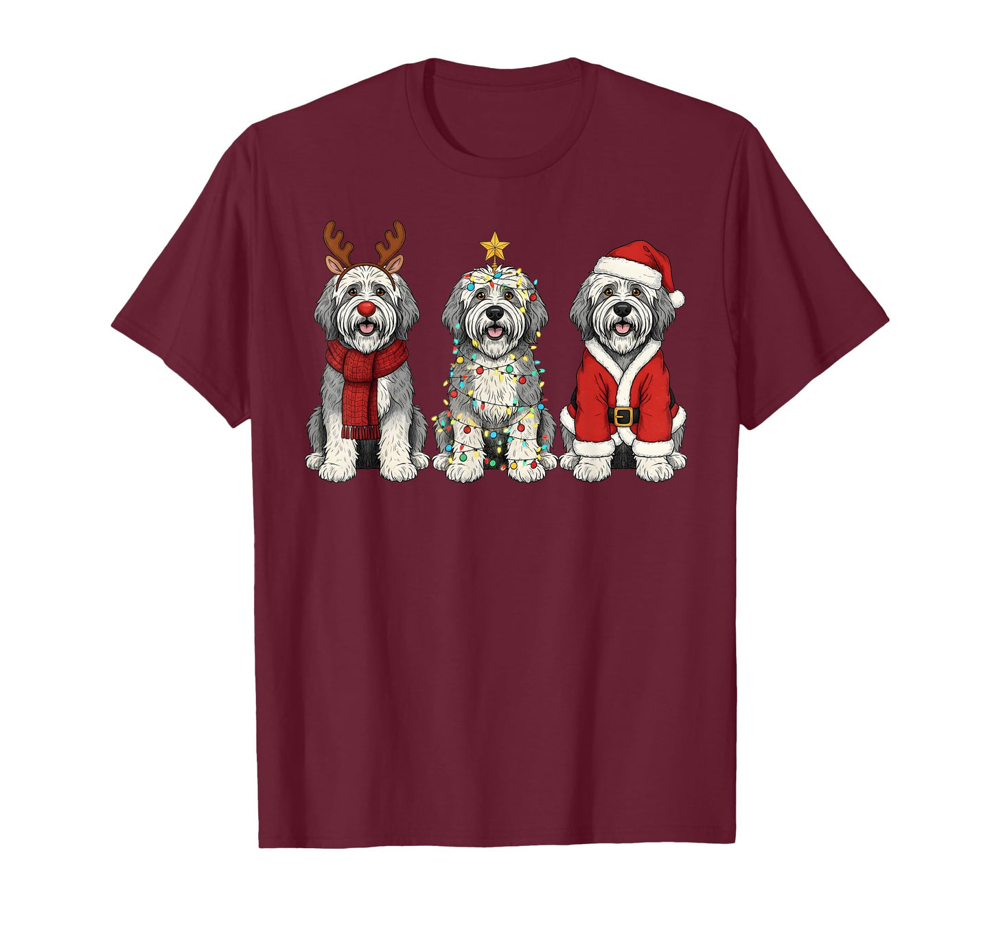 Retro Christmas Old English Sheepdog Santa Reindeer Dog T-Shirt