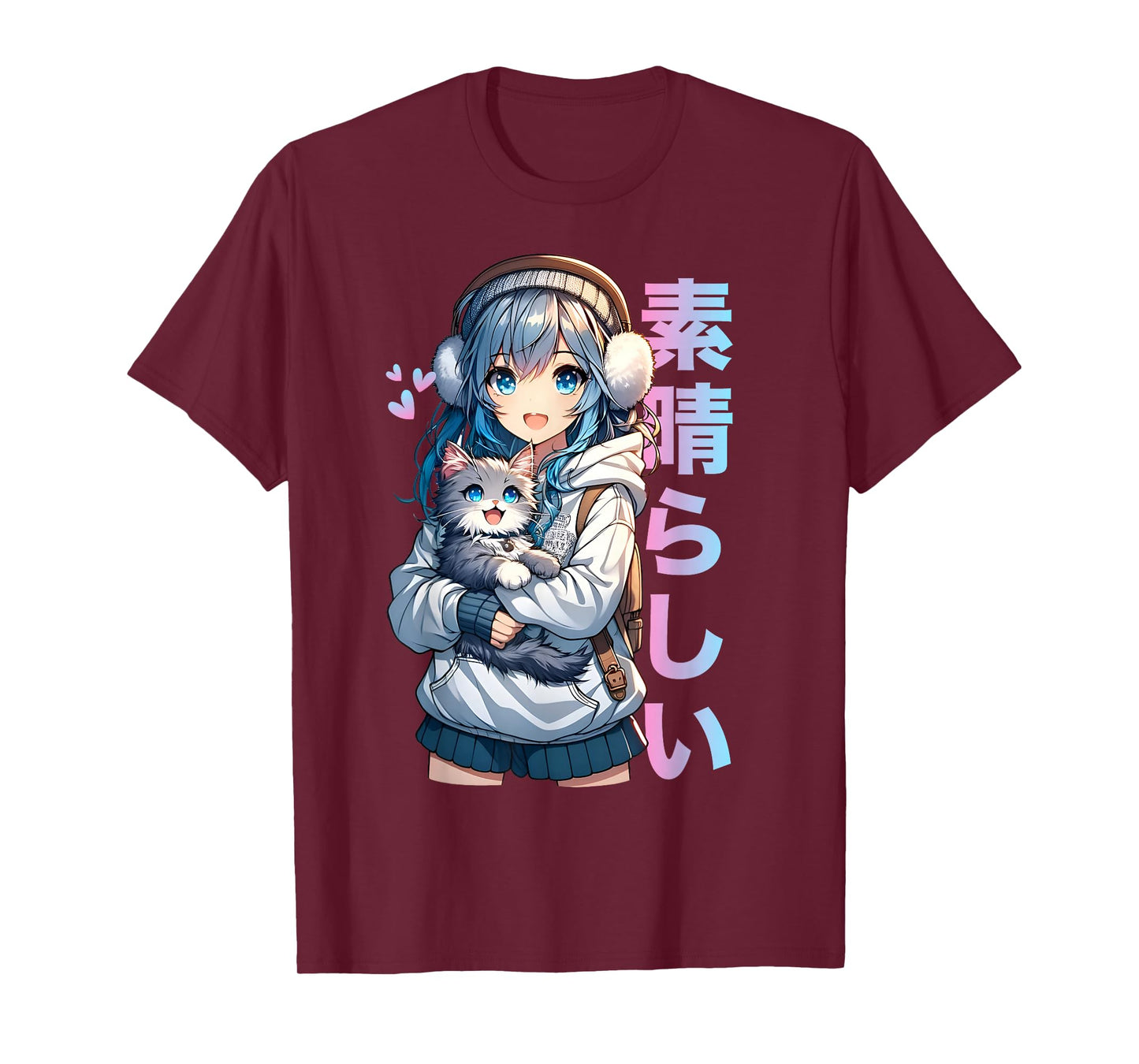 Cute Anime Girl with a Cat for Cat Lover Kawaii Otaku Manga T-Shirt
