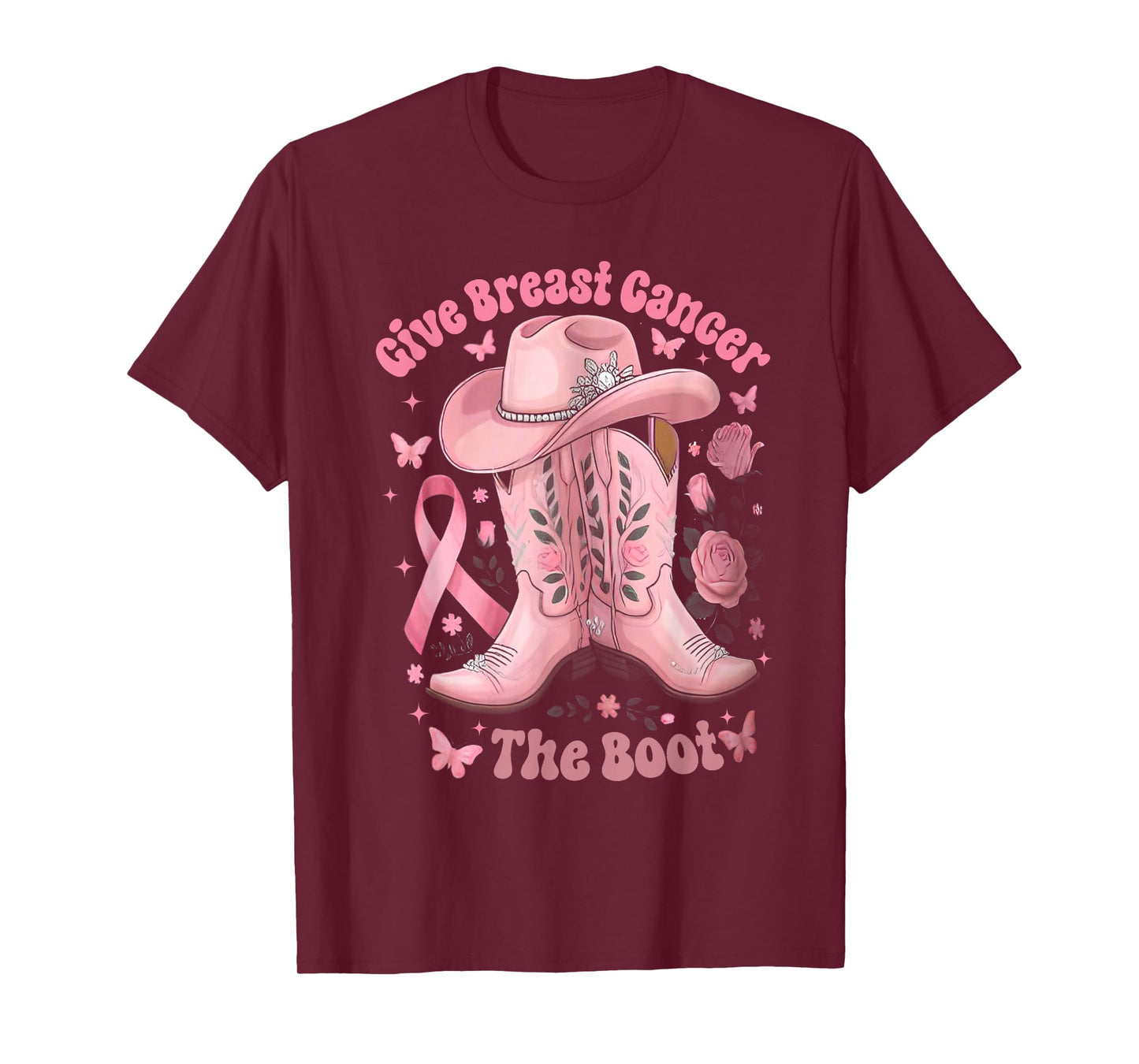 Give Breast Cancer The Boot Pink Ribbon Western Cowboy Boots T-Shirt