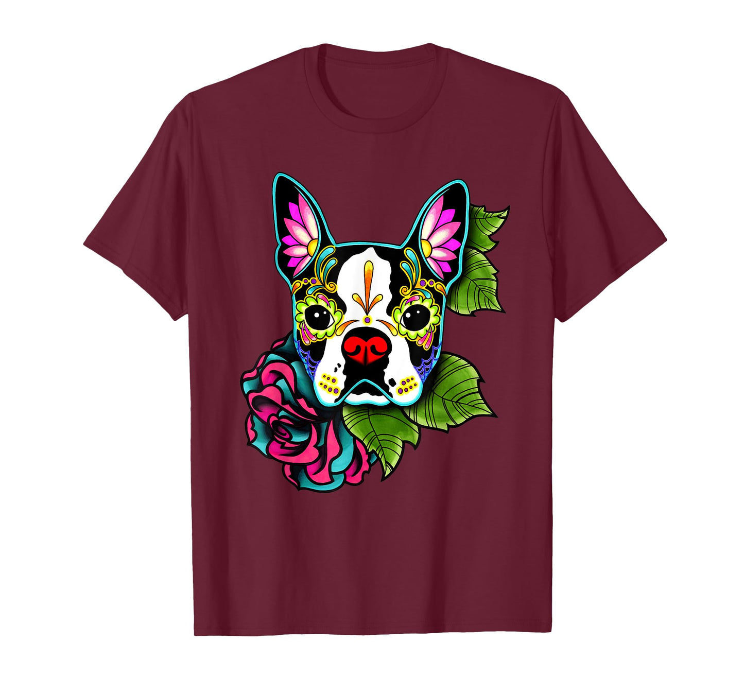 Boston Terrier in Black - Day of the Dead Sugar Skull Dog T-Shirt for Men Women Kids