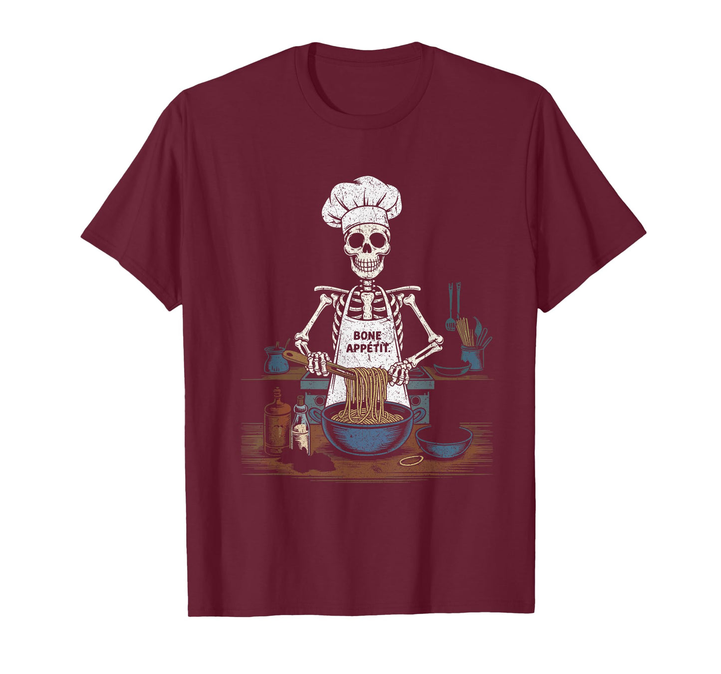 Bone Appetit Skeleton Chef Cooking Pasta Funny Halloween T-Shirt