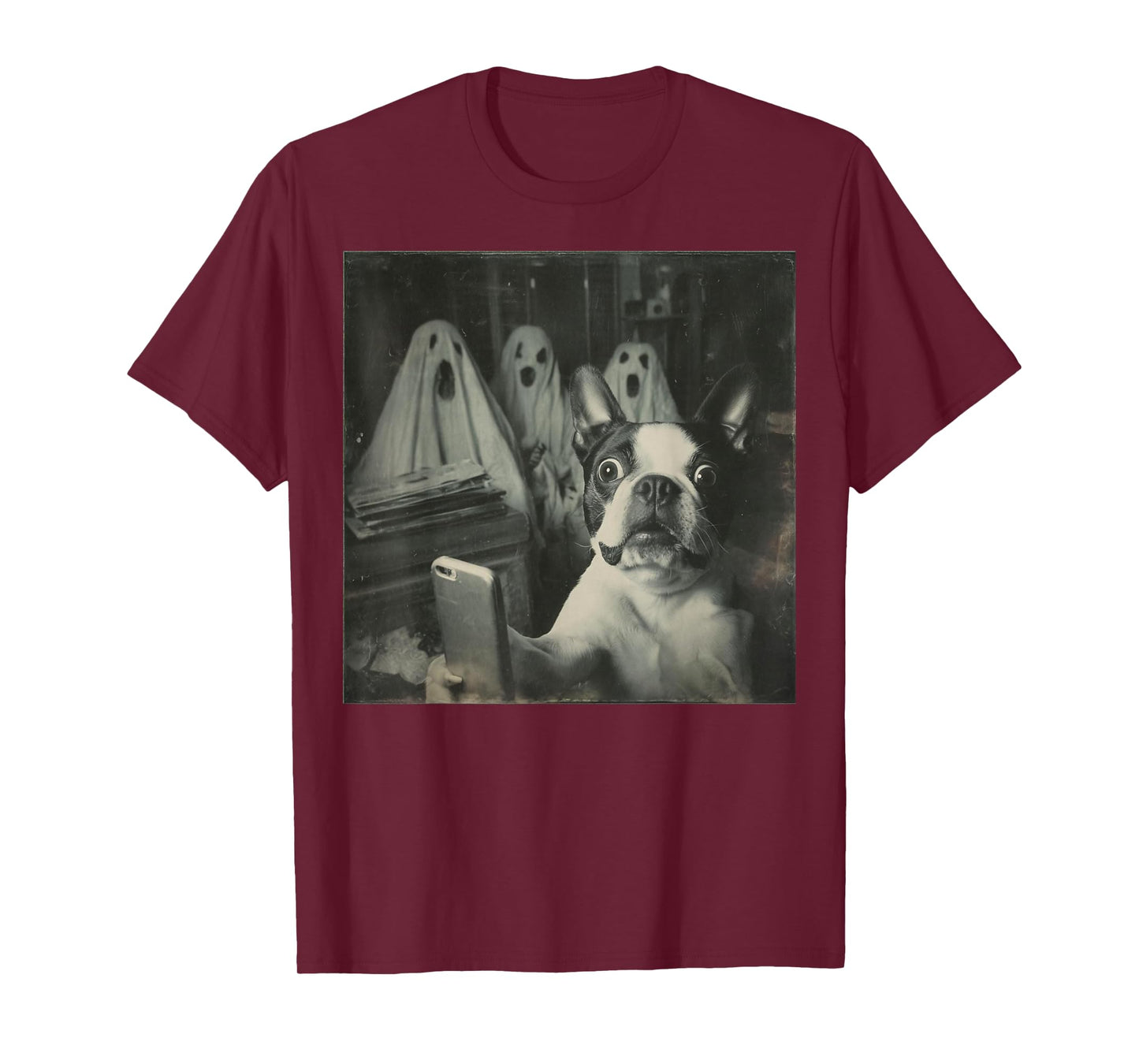 Funny Boston Terrier Selfie with Ghosts, Halloween Dog Lover T-Shirt
