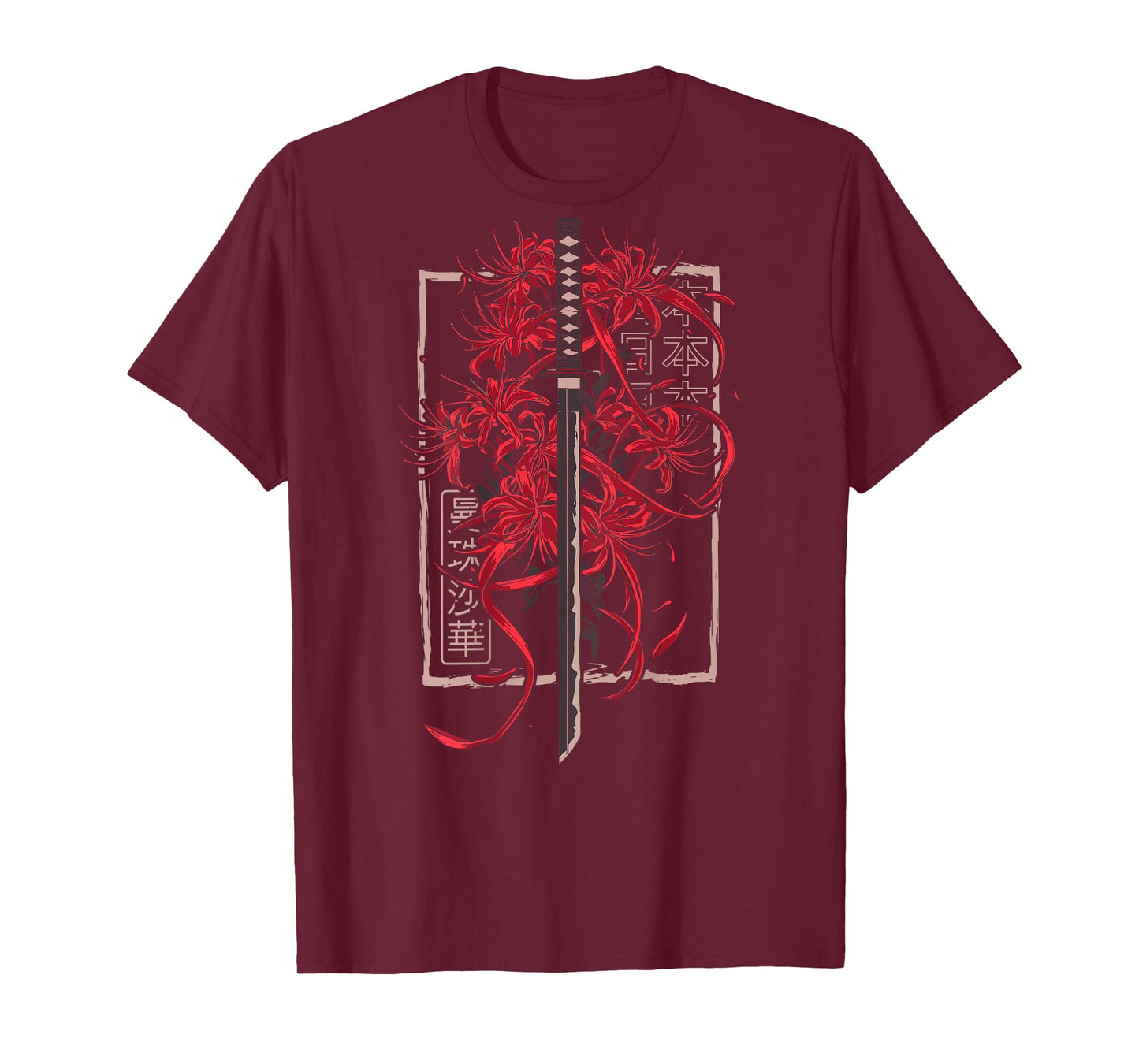 Red Spider Lily Flower Japanese Katana Sword Backprinted T-Shirt