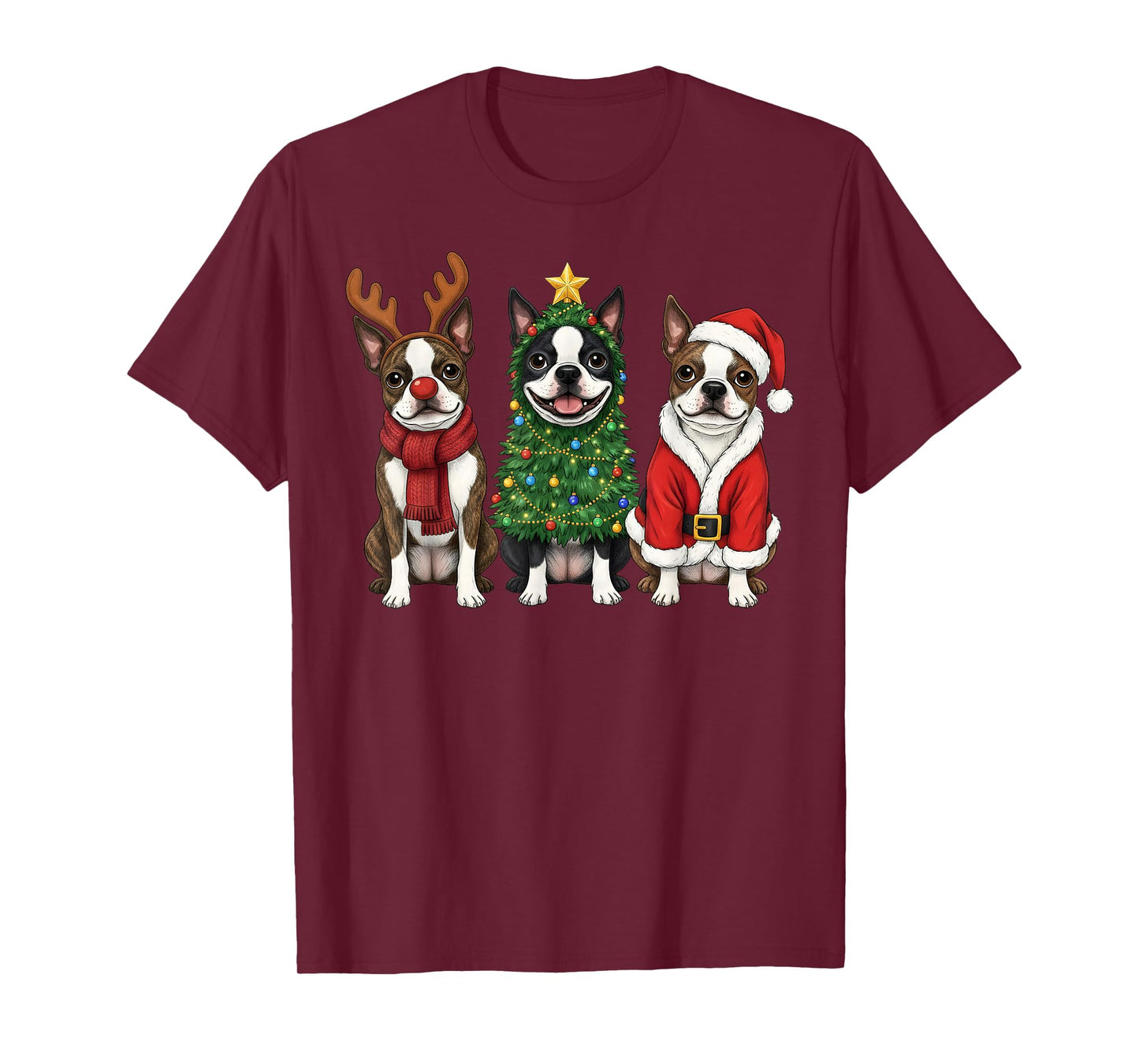 Retro Christmas Boston Terrier Santa Reindeer Dog Lover T-Shirt