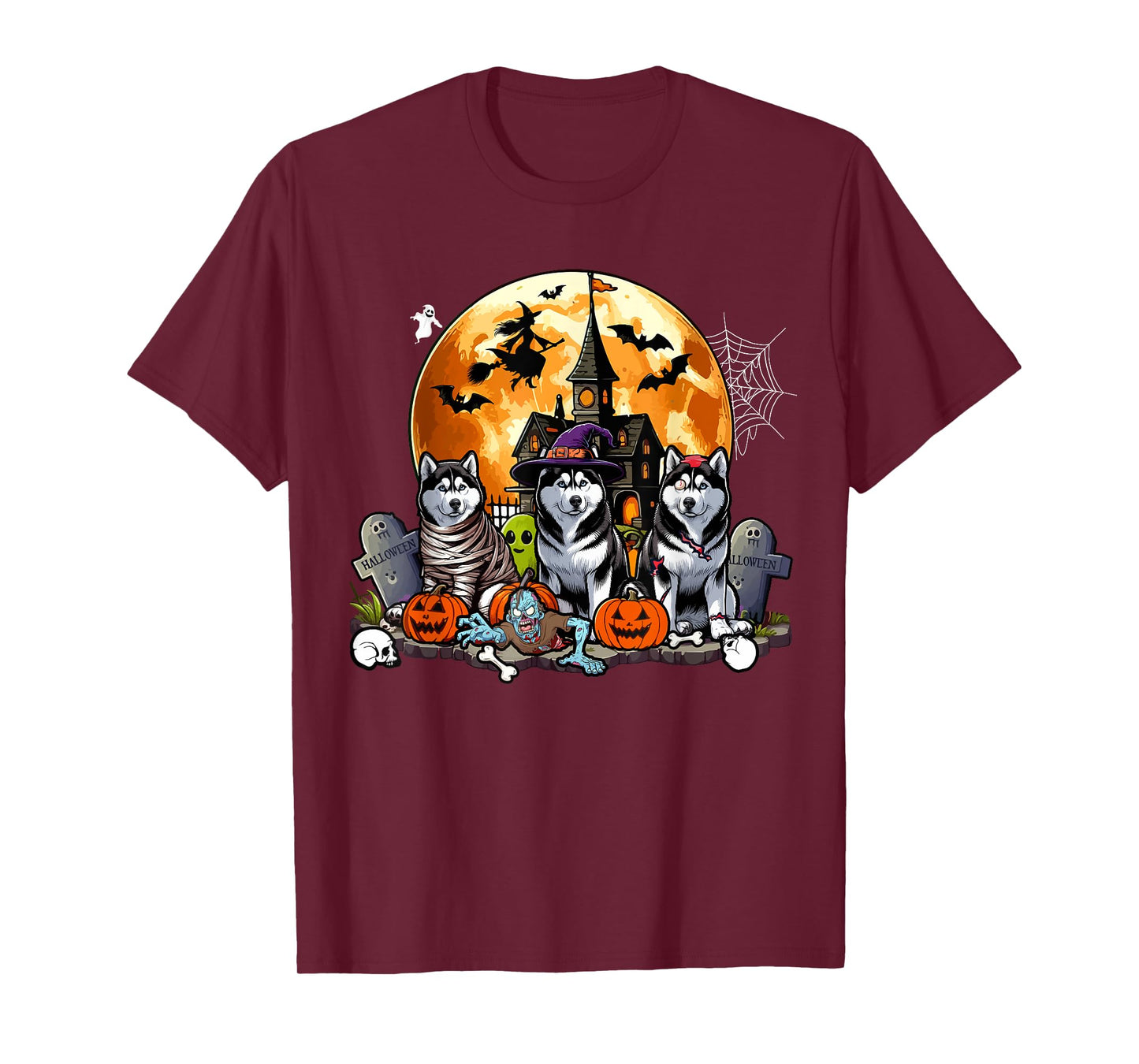 Three Halloween Huskies As Horror Witch Mummy Zombie T-Shirt