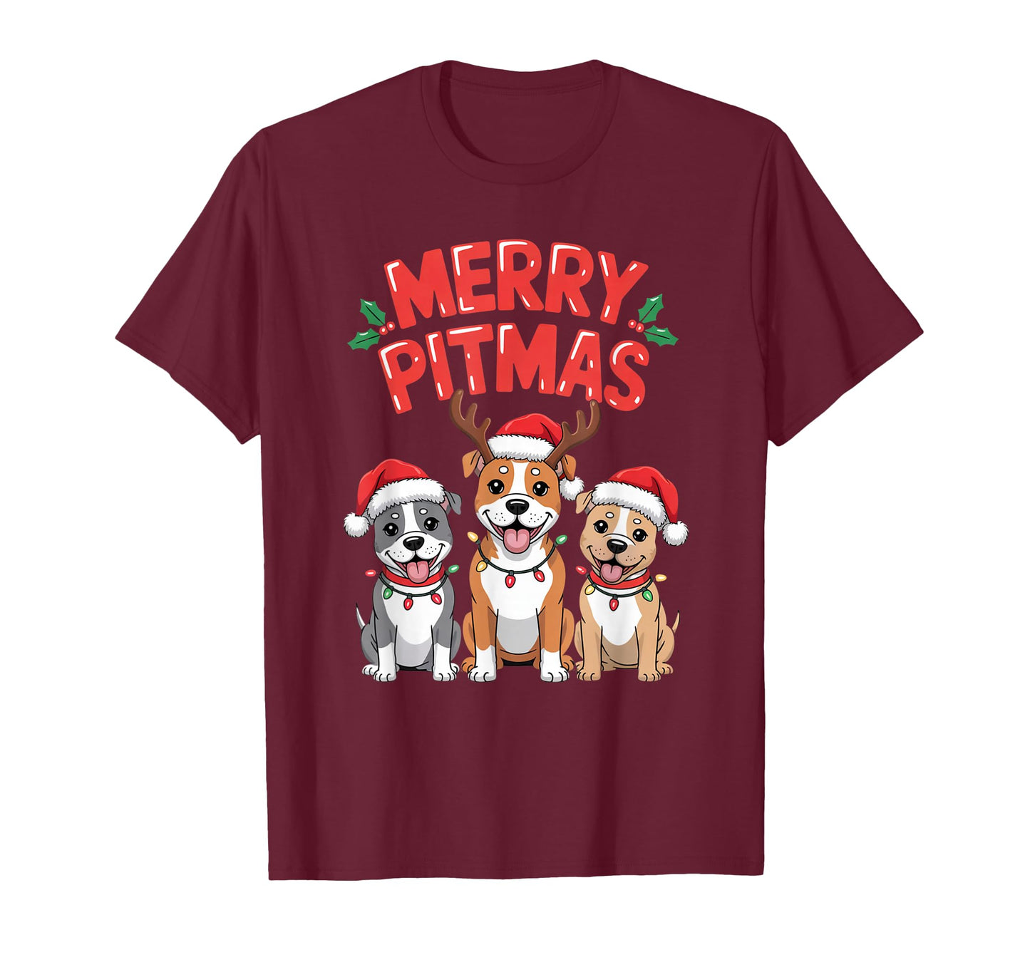 Merry Pitmas Funny Christmas Pitbull Dog Lights Santa Hat T-Shirt