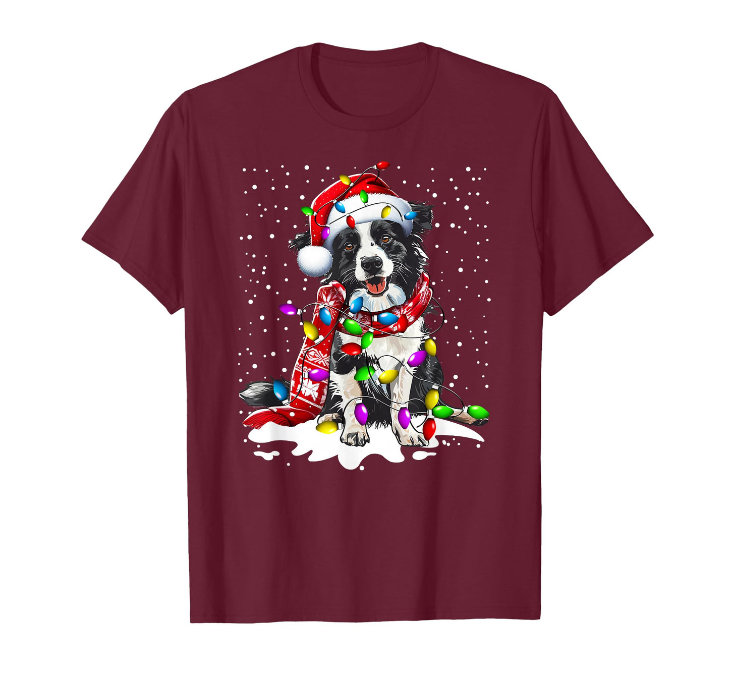 Border Collie Dog Lighting Xmas Santa Hat Christmas T-Shirt