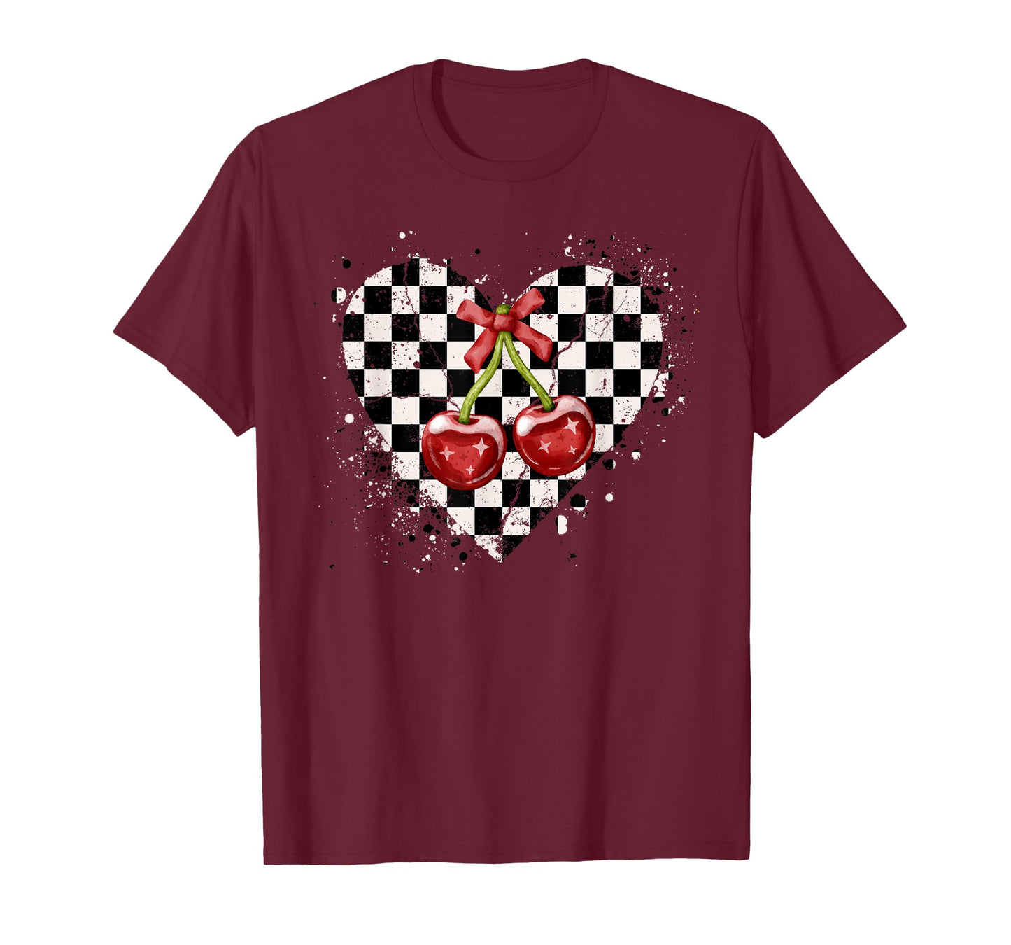 Checkered Black White Coquette Bow Red Cherries Heart Retro T-Shirt