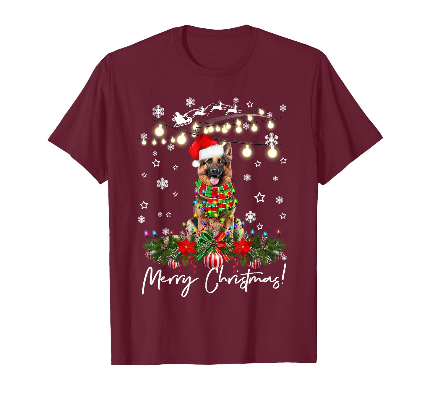 German shepherd Merry Christmas Lights Santa Hat T-Shirt