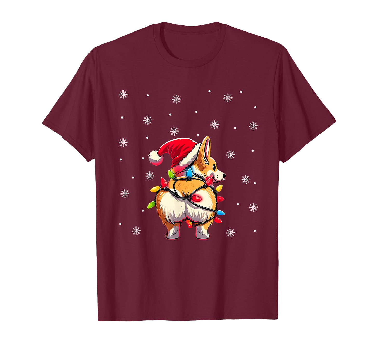 Corgi Butt Funny Santa Hat Christmas Snowflakes Lights T-Shirt