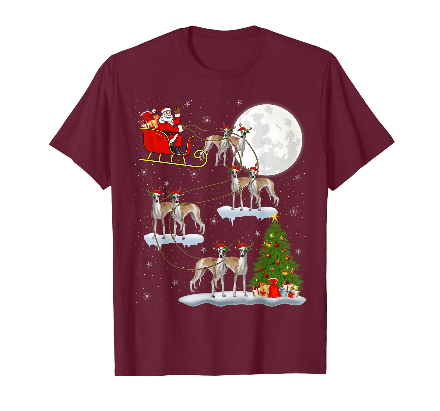 Xmas Tree Lights Funny Santa Riding Whippet Dog Christmas T-Shirt