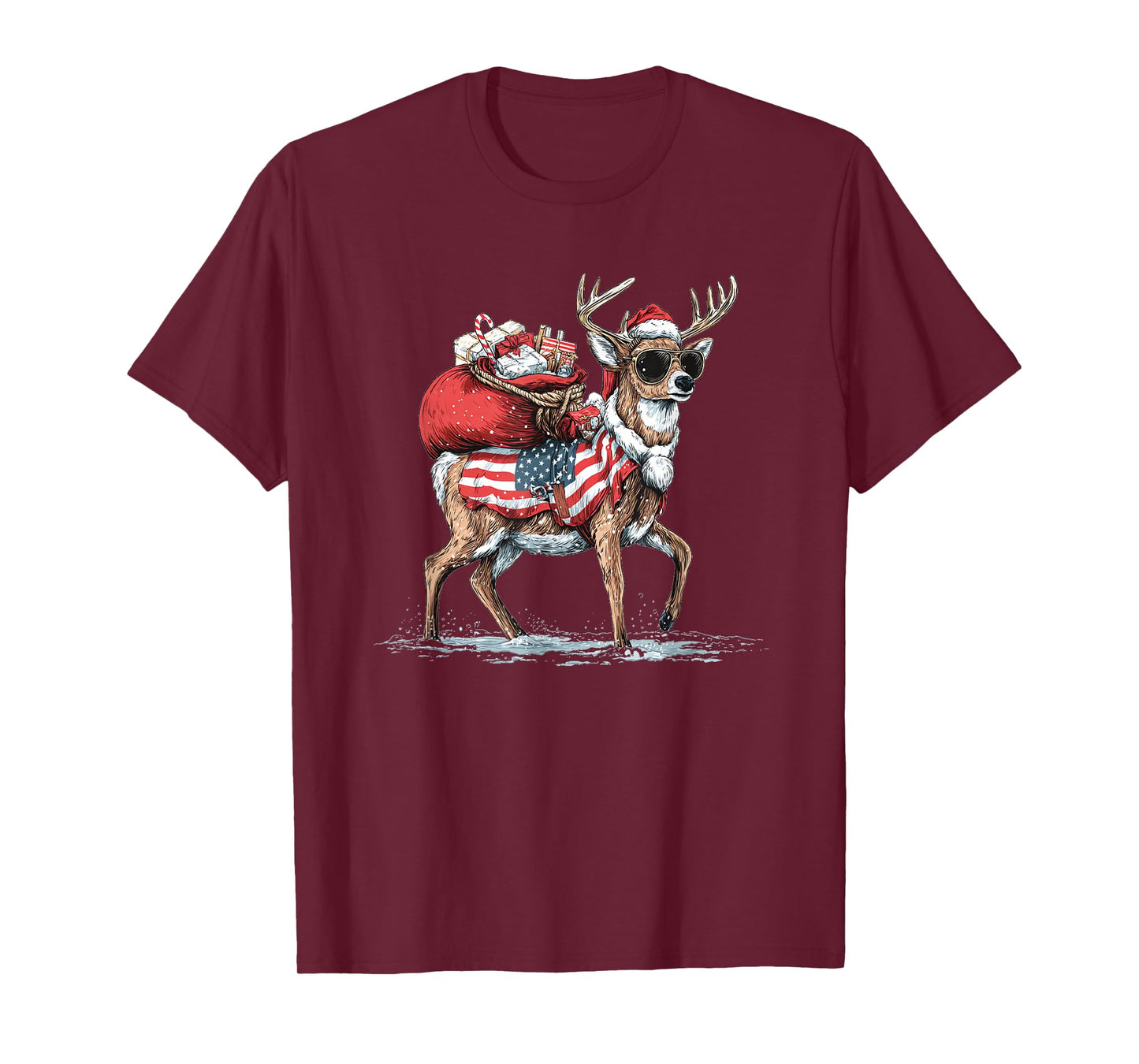 Cool Santa's Reindeer with Sunglasses and US Colors T-Shirt