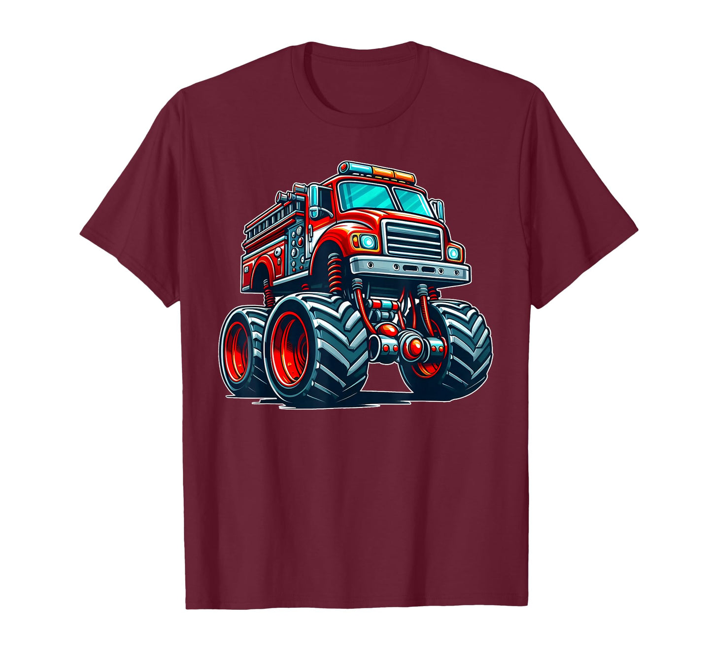 Big Wheels Fire Truck Firefighter Kids Boys Monster Truck T-Shirt