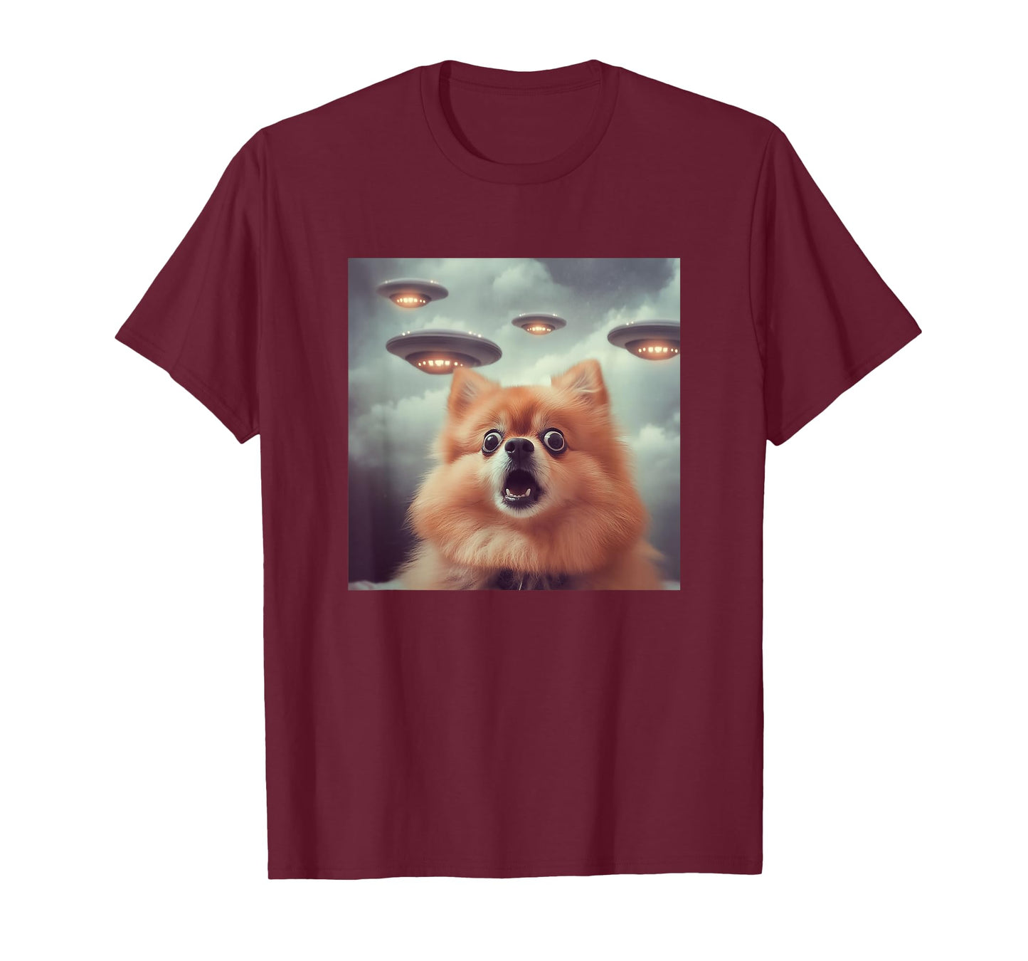 Pomeranian Selfie with UFOs Strange Print Graphic Space Funny T-Shirt