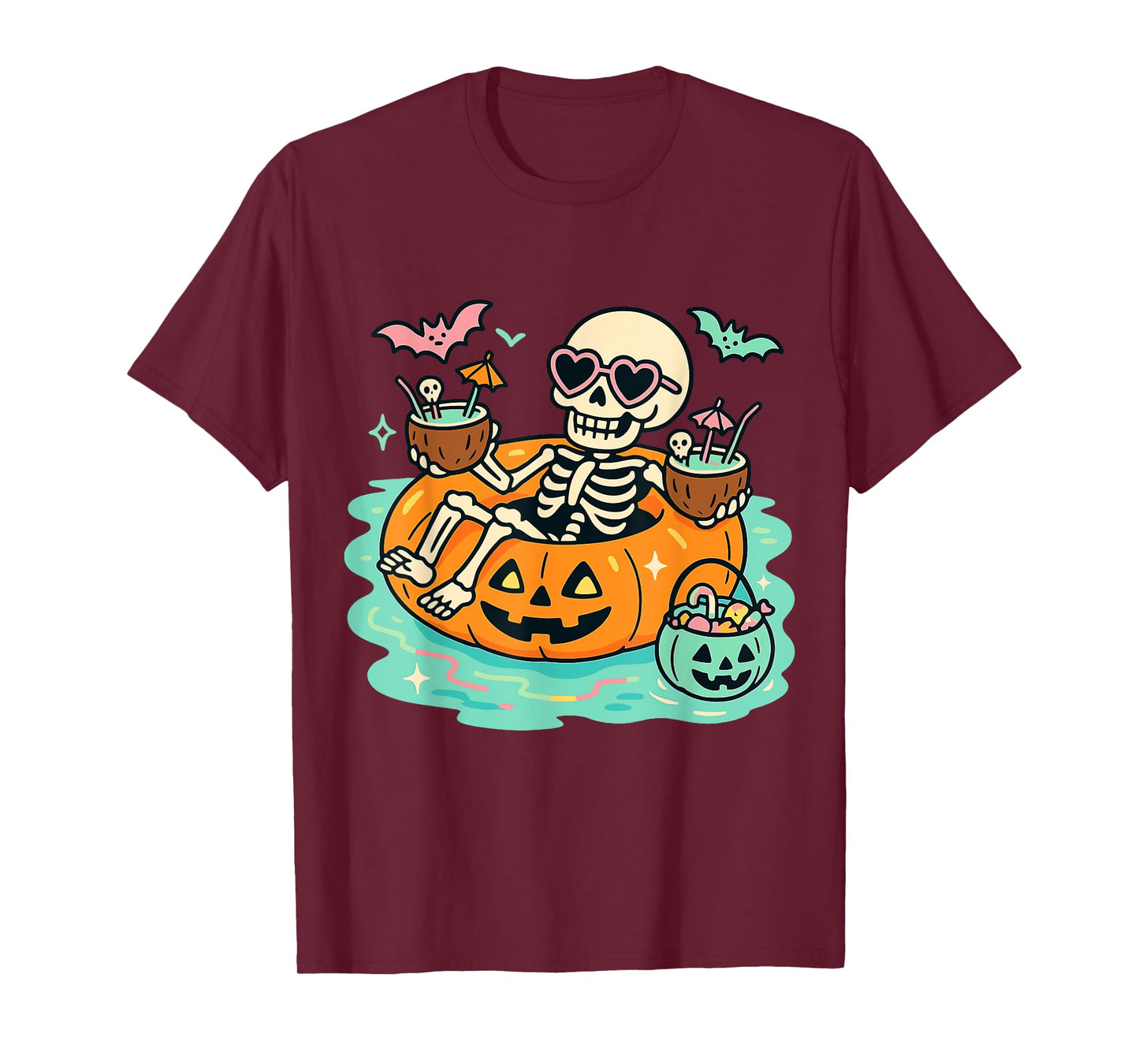 Summer Skeleton in Pumpkin Float Cute Spooky Pool Halloween T-Shirt