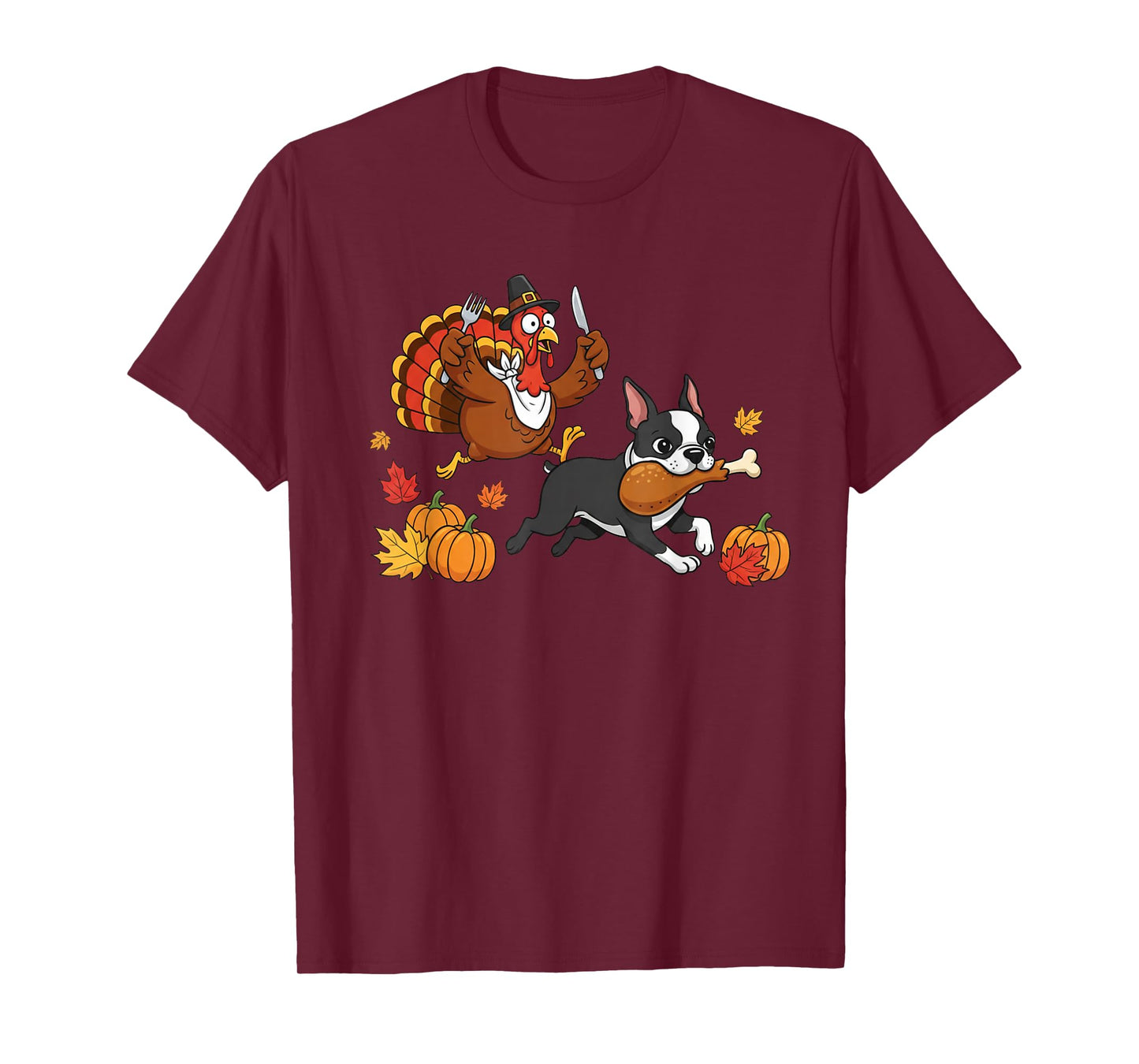 Boston Terrier Turkey Autumn Thanksgiving Womens Mens Kids T-Shirt