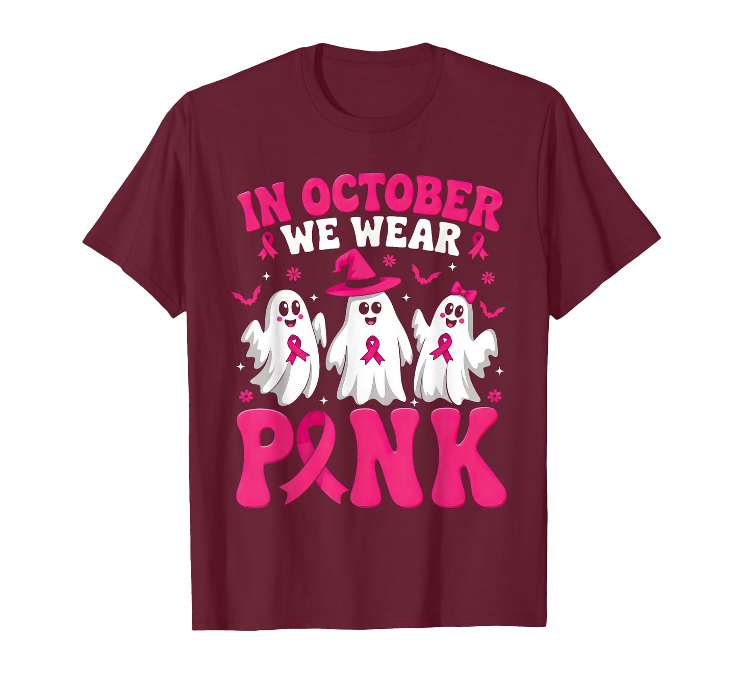 Groovy In October We Wear Pink Retro Halloween Breast Cancer T-Shirt
