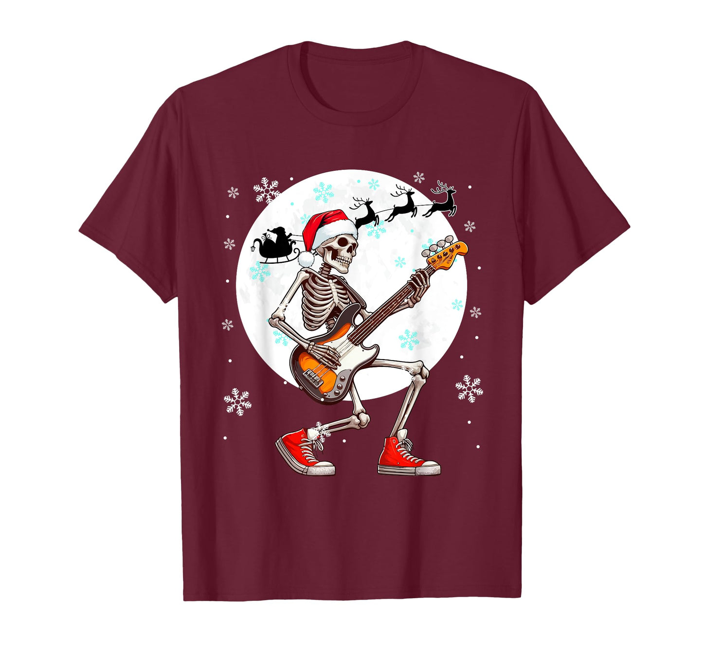Christmas Santa Skeletons Playing Guitar Bass Guitarist T-Shirt