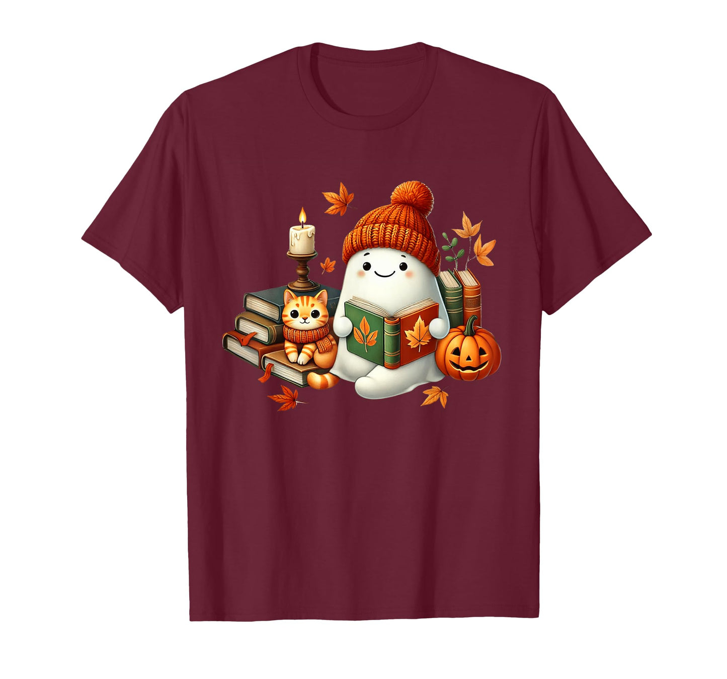 Cute Bookworm Ghost with Cat Trick or Treat Halloween Funny T-Shirt