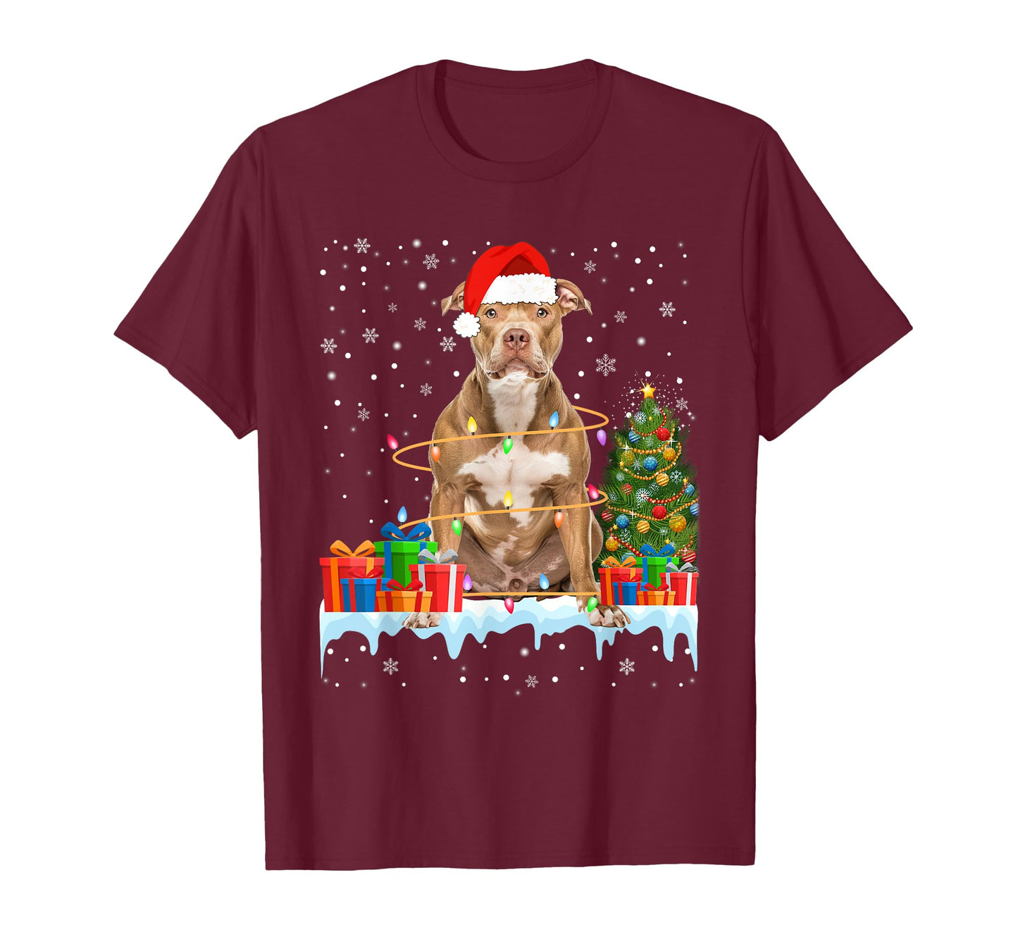 Funny Santa Pitbull Dog Christmas Lights Xmas Pajamas Men Women Kids T-Shirt