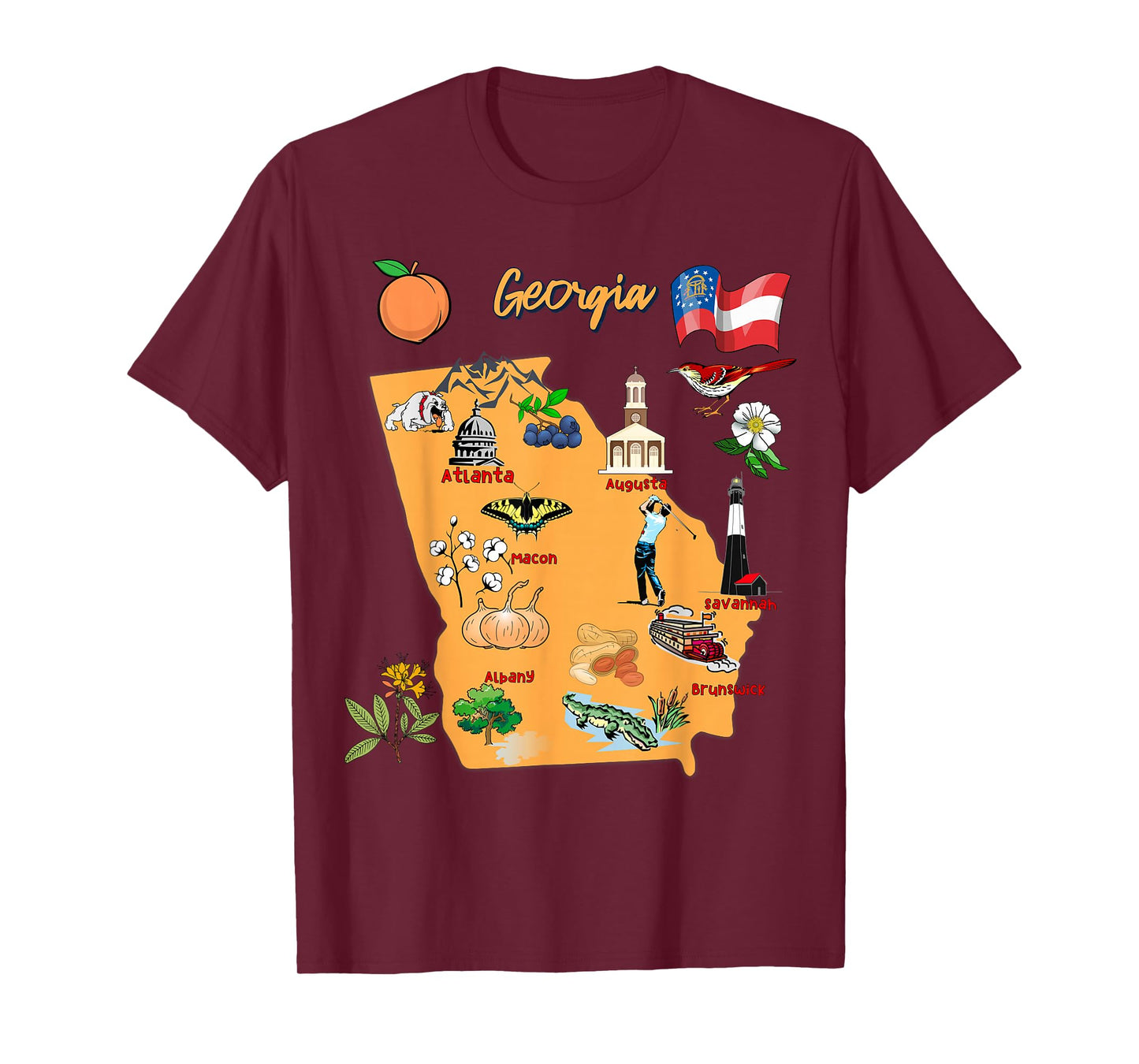 Tourism map of Georgia State, USA, Major Cities, Flag T-Shirt