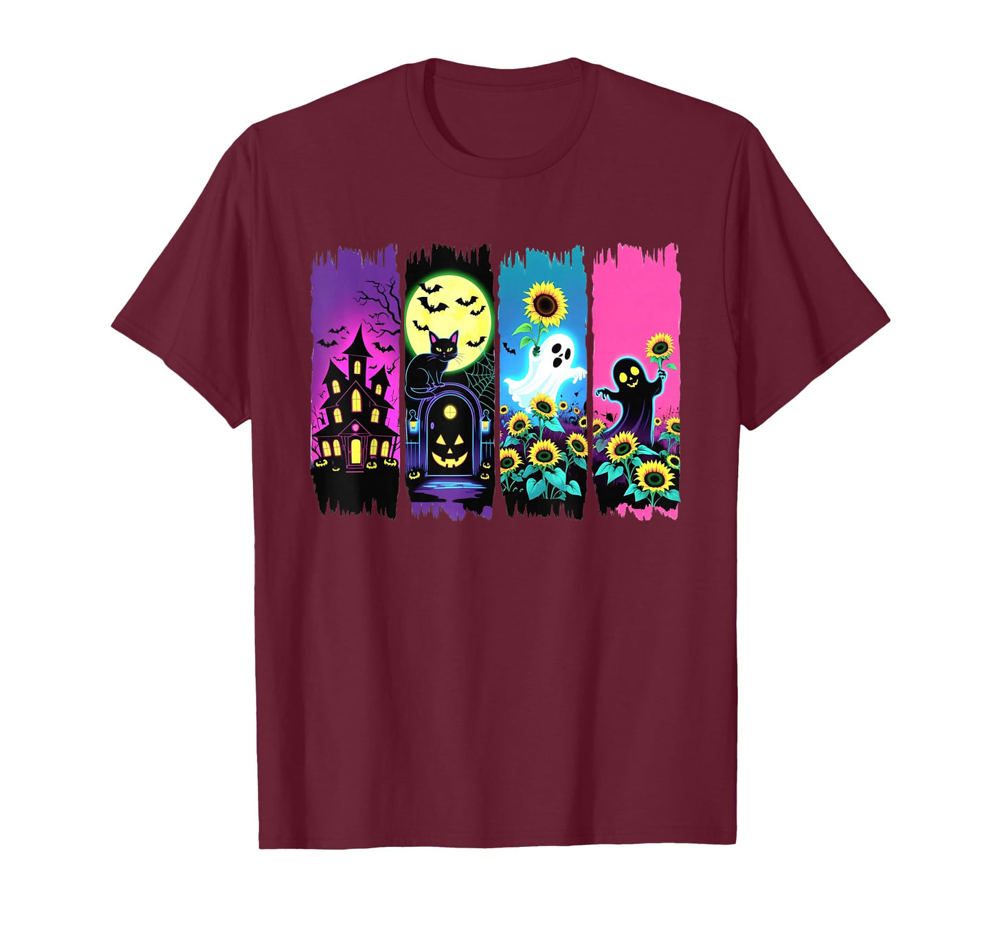 Colorful Halloween Ghosts and Sunflowers Brushstroke Design T-Shirt