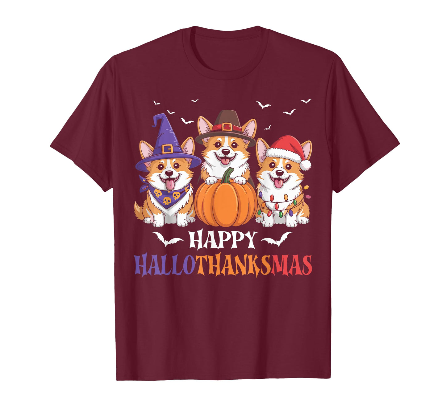 Happy Hallothanksmas Corgi Dogs Halloween Christmas Pumpkin T-Shirt