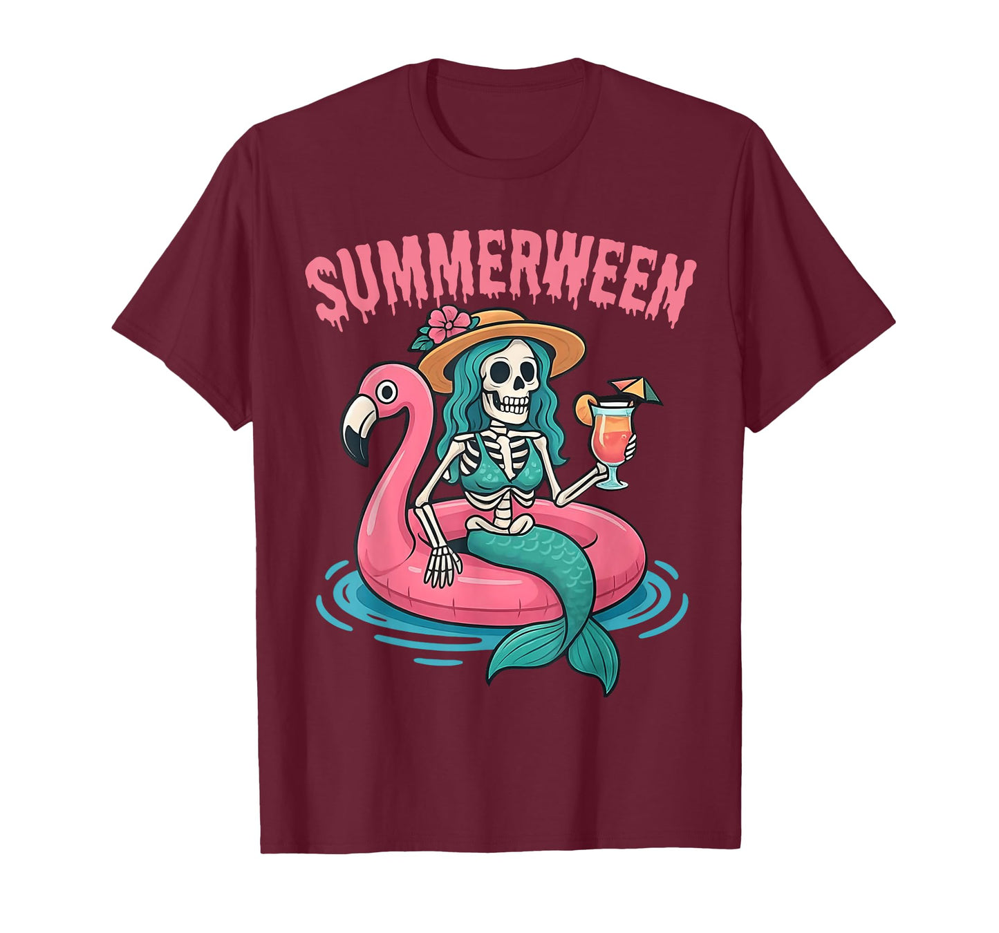 Summerween Mermaid Skeleton Beach Flamingo Halloween Girl T-Shirt