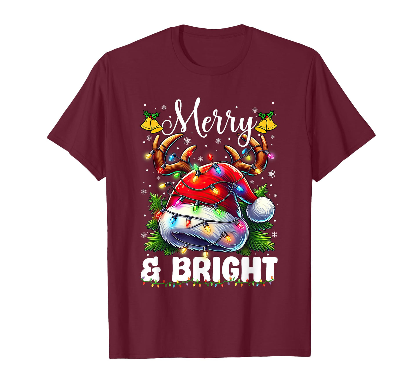 Merry and Bright Light Christmas Red Santa Hat Reindeer Xmas T-Shirt