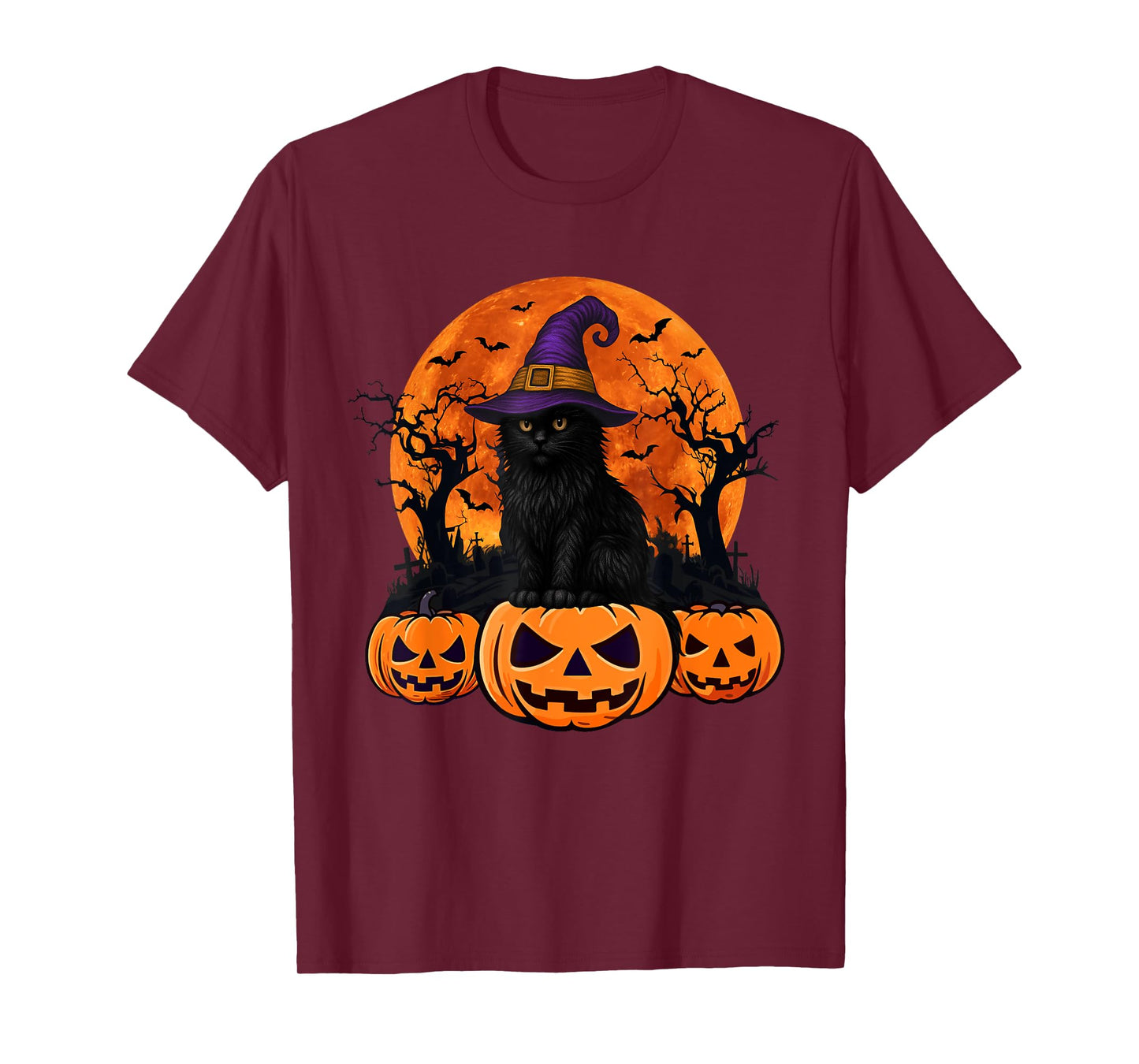 Vintage Scary Halloween Black Cat Costume Witch Hat And Moon T-Shirt for Men Women