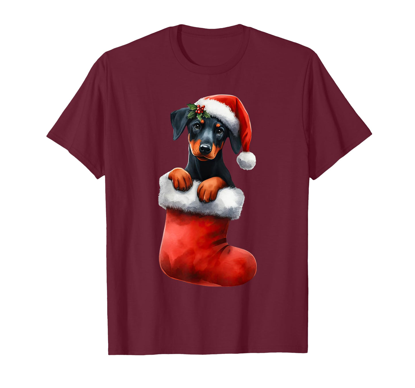 Doberman Pinscher In Sock Christmas Santa Hat Xmas Dog Lover T-Shirt