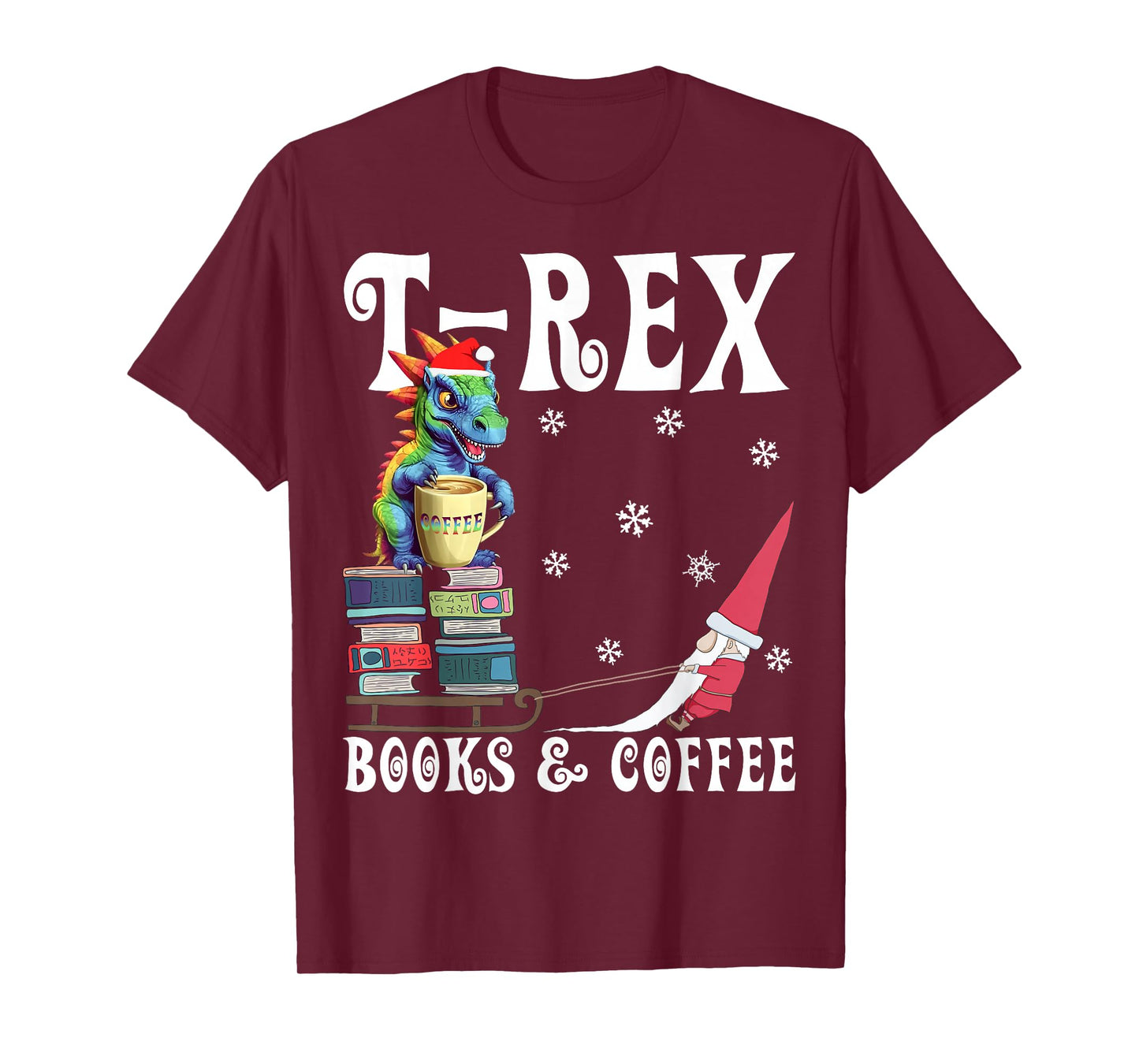 T-Rex Books Coffee Retro Rainbow Dino Coffee Lover Christmas T-Shirt