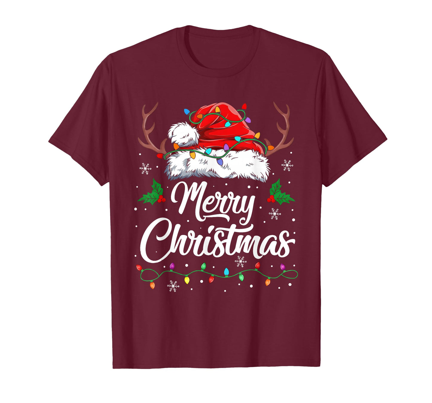 Merry Christmas Lights Red Santa Hat Xmas Family Men Women T-Shirt