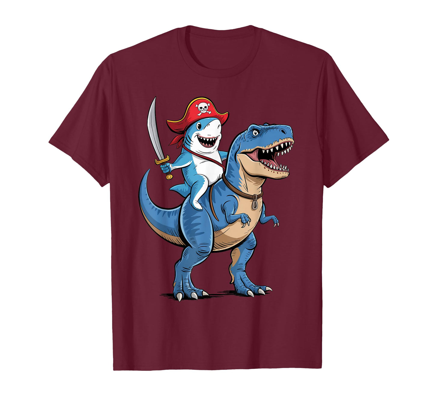 Shark Riding Dinosaur T Rex Pirate Funny Gifts For Boy Kids T-Shirt