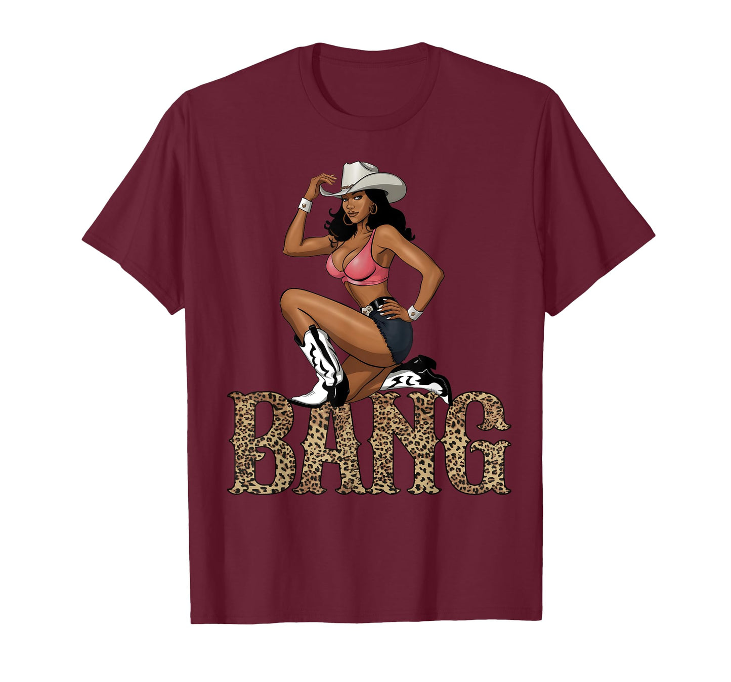 Black Cowgirl Western Cowboy Rodeo Bang Leopard Print T-Shirt