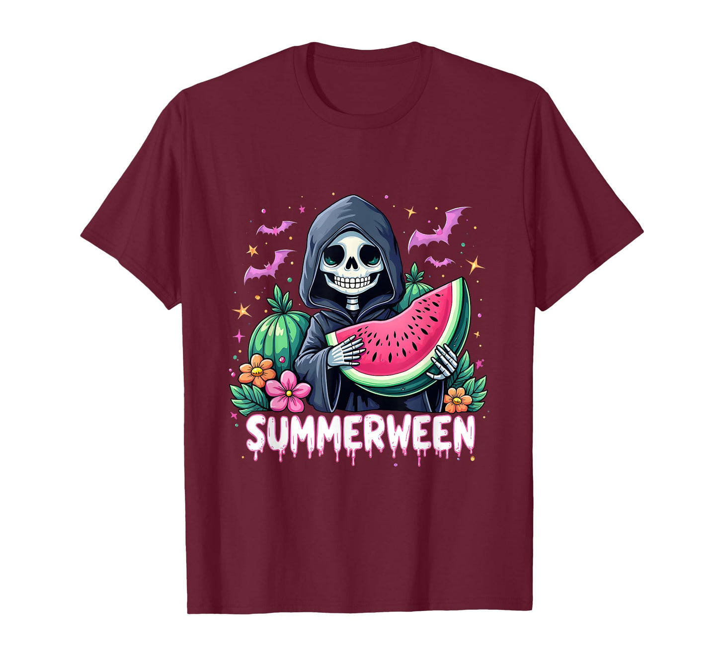 Funny Summerween Skeleton Watermelon Halloween Art T-Shirt