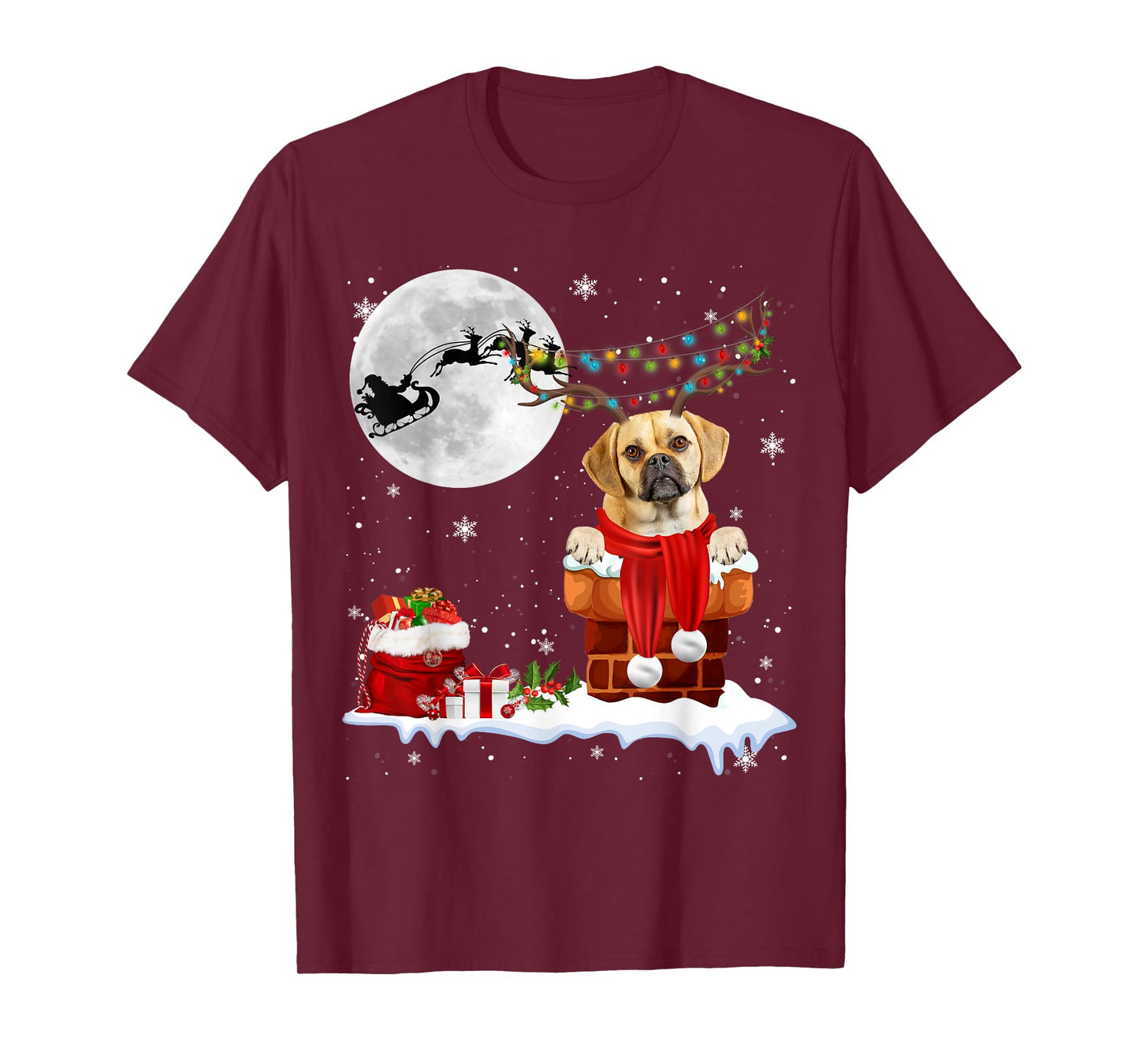 Puggle Dog Chimney Ugly Christmas Lights Xmas Pajamas Men Women Kids T-Shirt