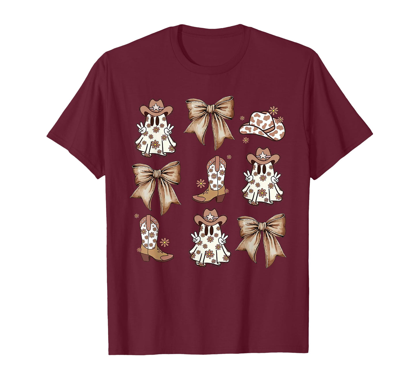 Coquette Bow Spooky Funny Ghost Cowboy Western Halloween T-Shirt