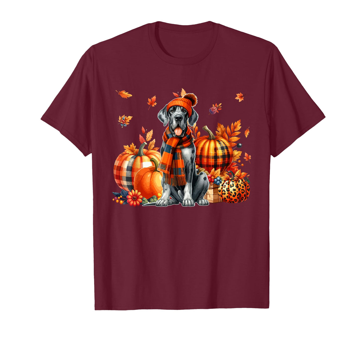 Great Dane Thanksgiving Leopard Pumpkins Fall Leaves Lover T-Shirt