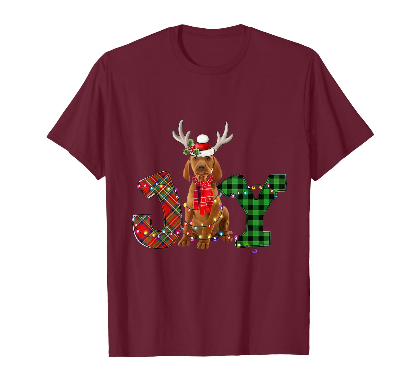 Joy Christmas Lights Vizsla Dog Santa Hat Pajama Men Women Kids T-Shirt